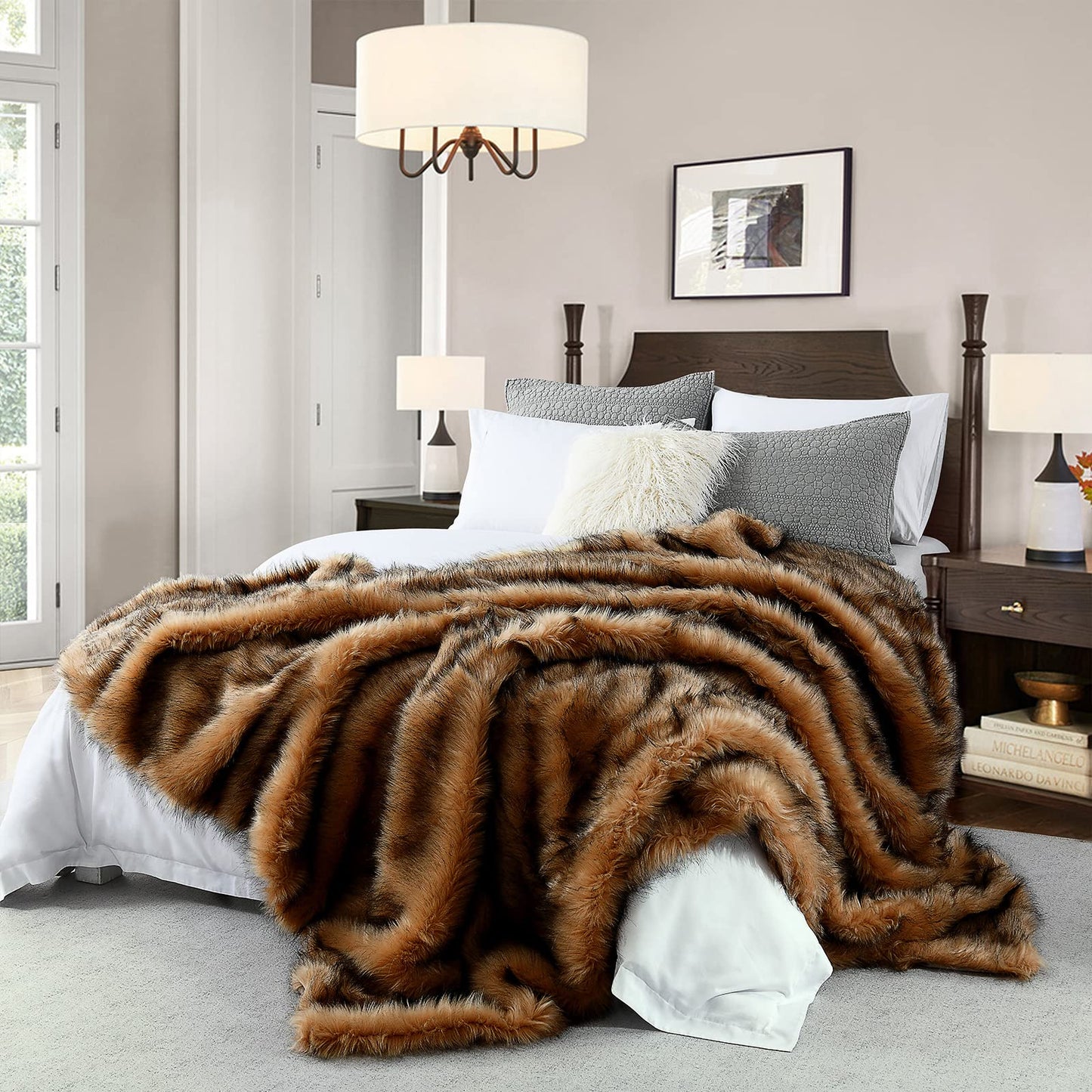 Luxury Plush Faux Fur Blanket King Size, Long Pile Brown with Black