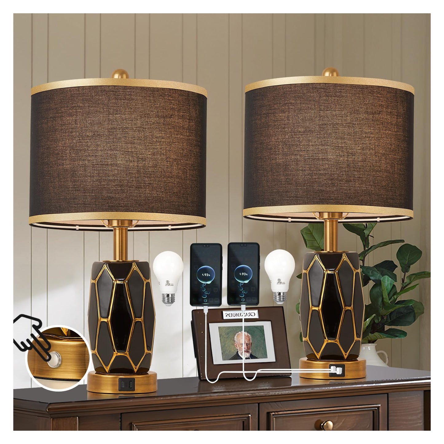 Set of 2 Touch Control Ceramic Table Lamps for Bedroom Livingroom