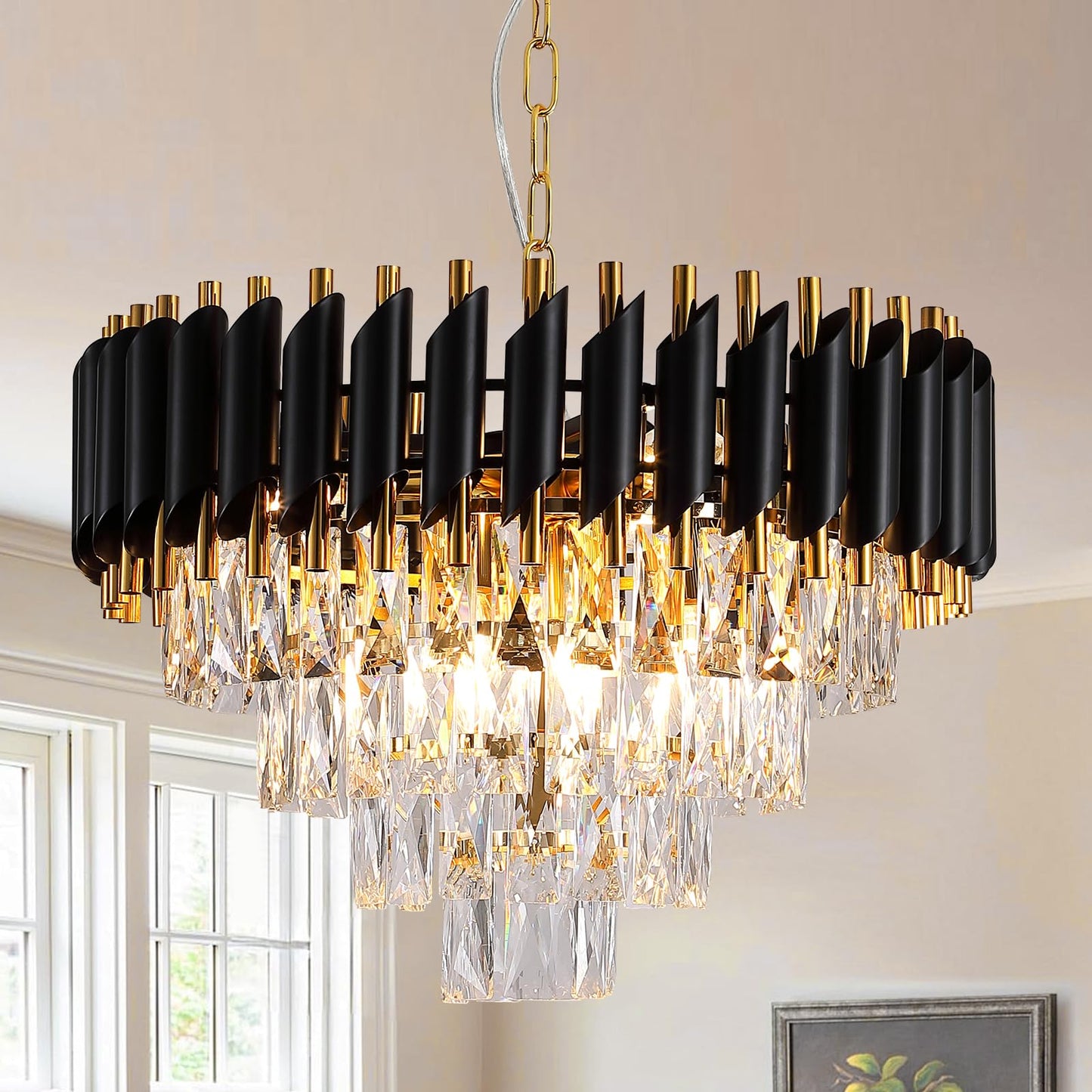 Modern Crystal Chandelier, 20’’ Black and Gold 4 Tiers Crystal