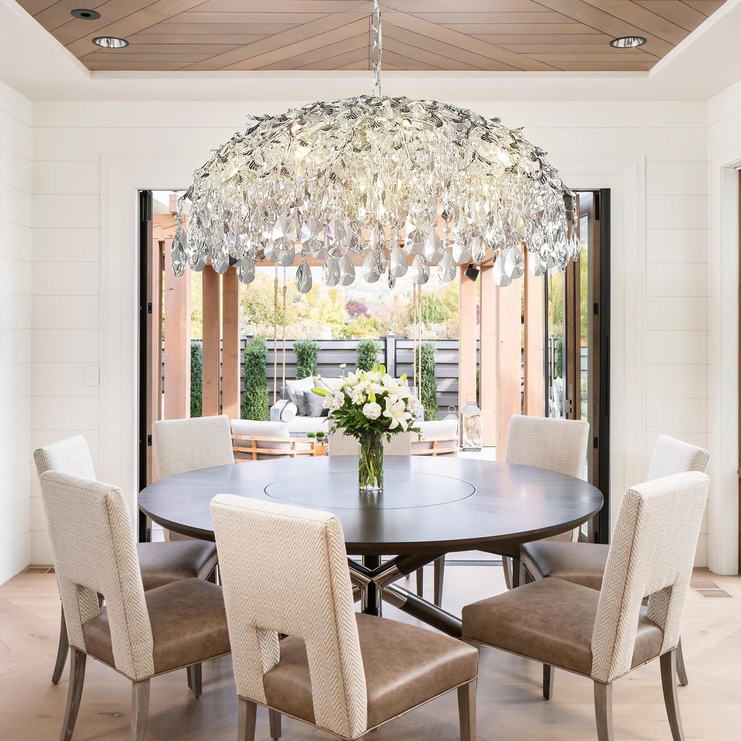 Modern Crystal Chandelier, Gold Pendant Flower Hanging Lighting