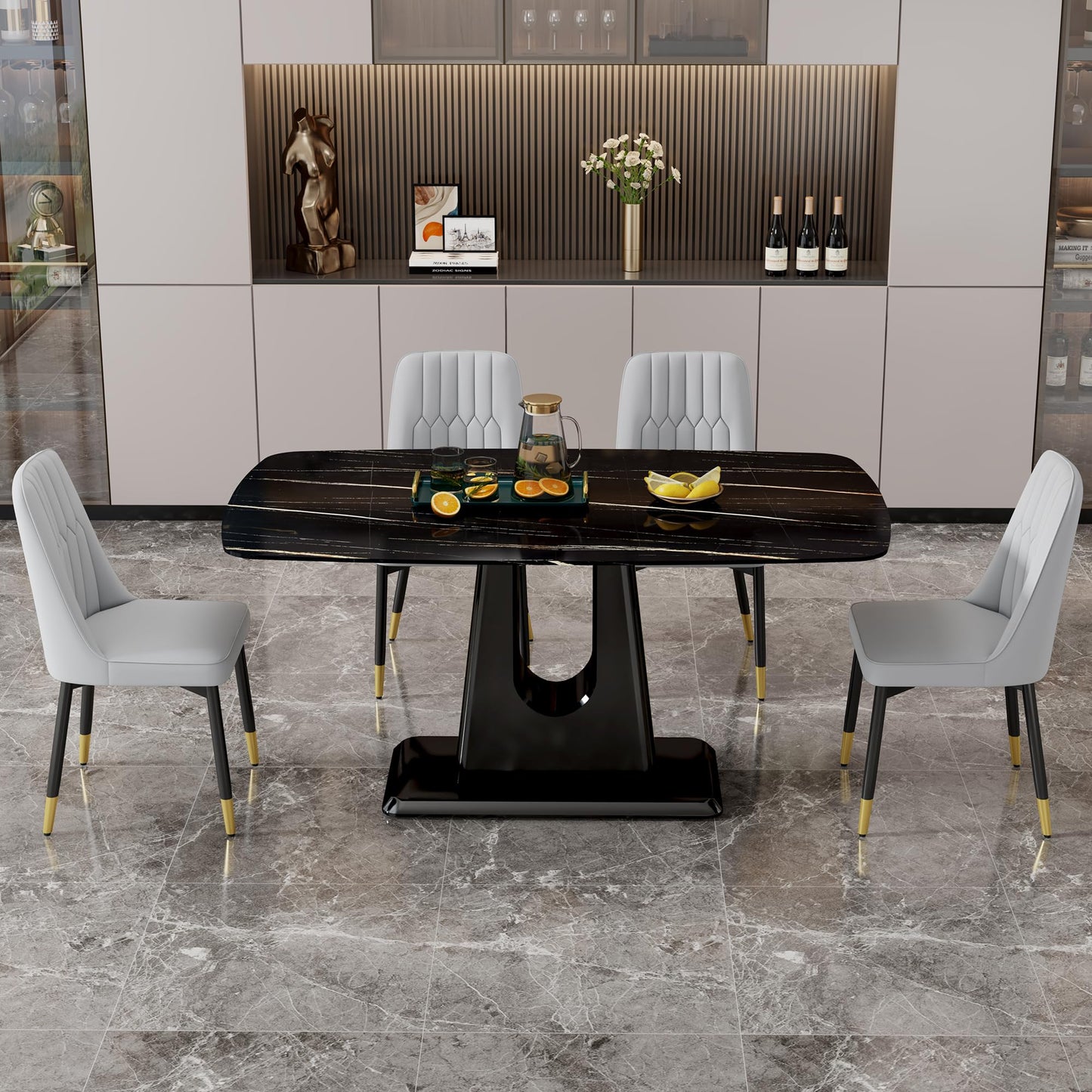 Dining Table Set for 6, White Faux Marble Pattern Table with 6 Modern Dining Chairs