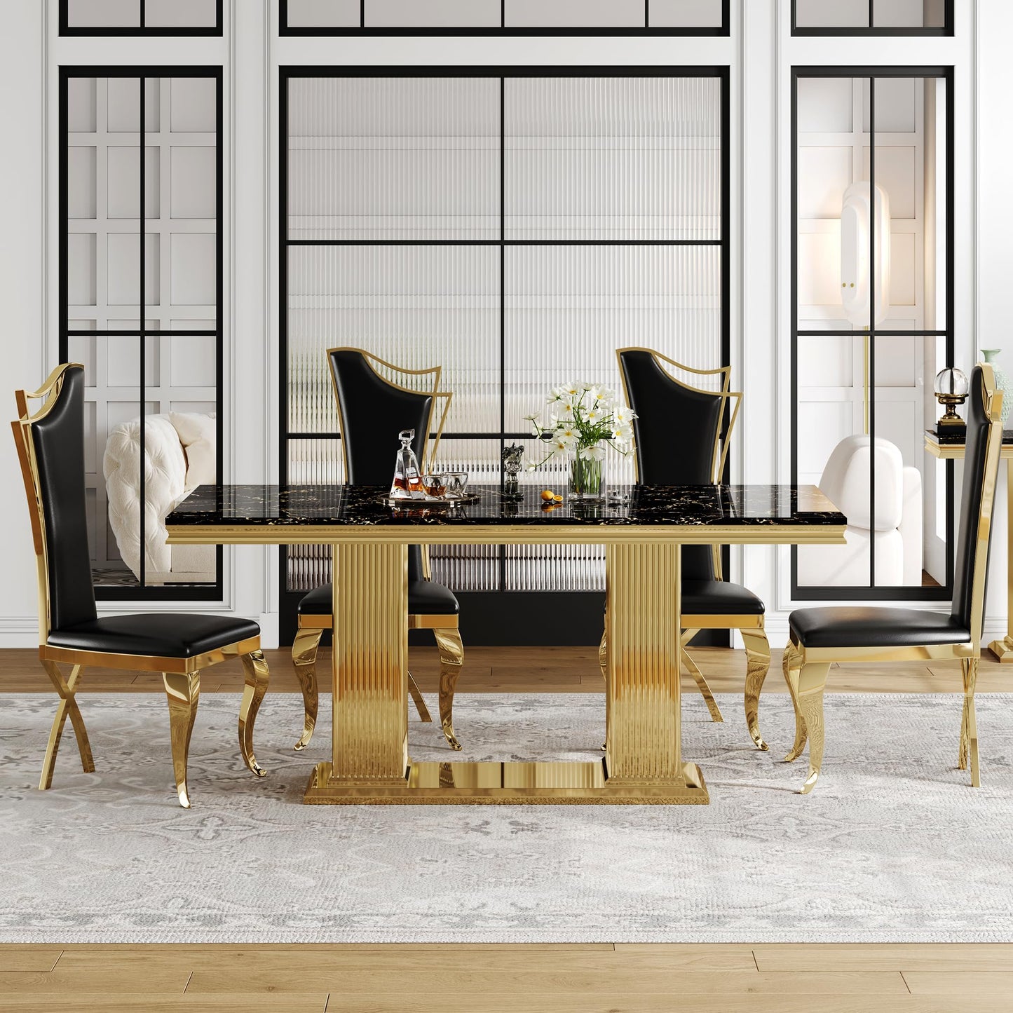 70 Inch White Marble Kitchen Table with Gold Mirrored Cabriole Legs