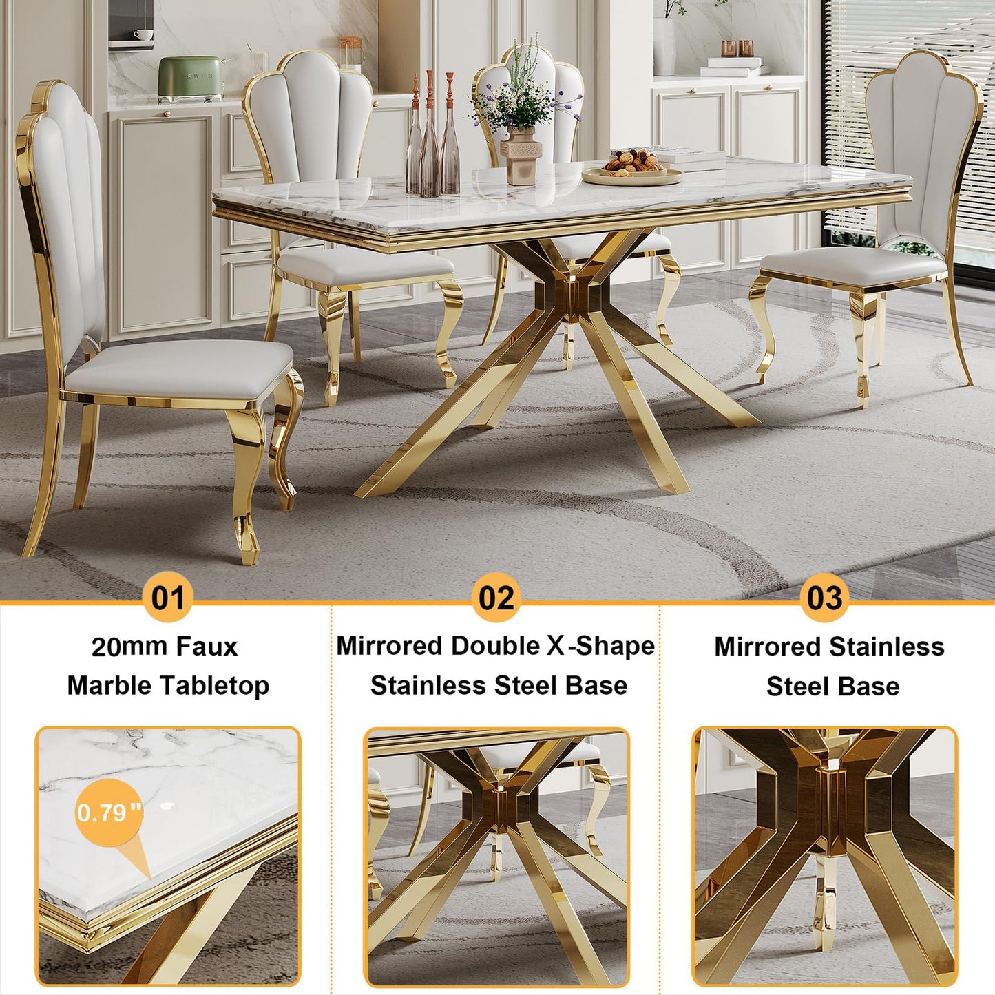 70 Inch White Marble Kitchen Table with Gold Mirrored Cabriole Legs