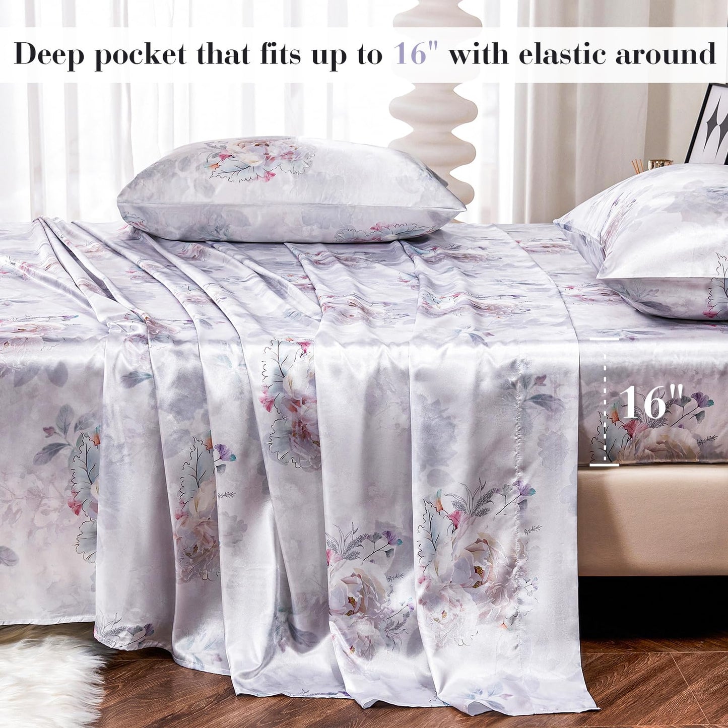 Floral Print - Luxurious Silky Feel Queen Sheet Set - Elegant Smooth Satin Bed Sheets