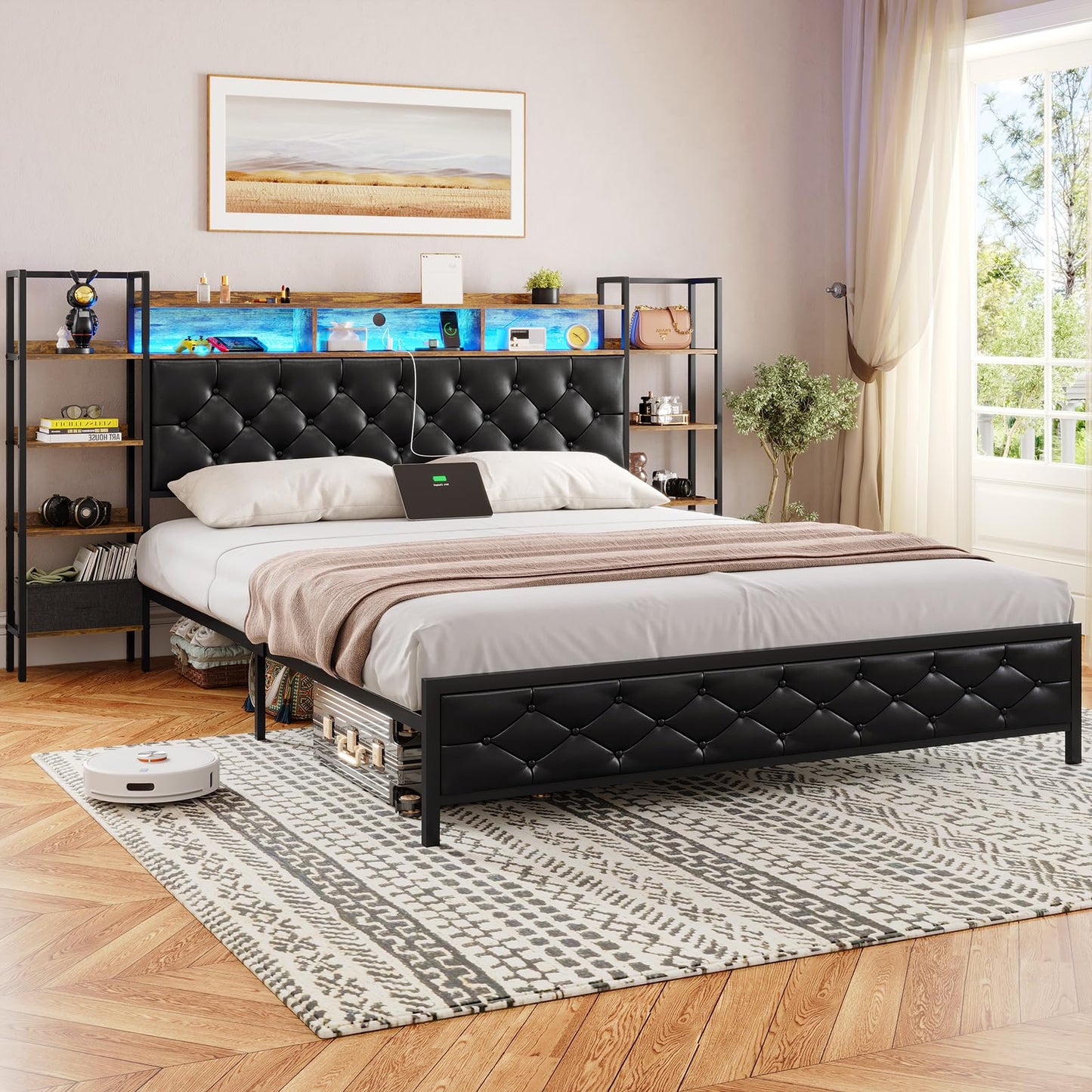 Queen Bed Frame with Storage Headboard and LED Lights