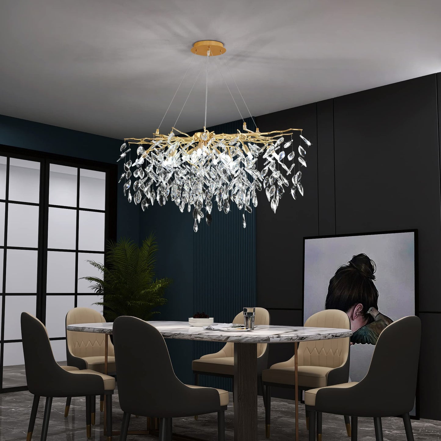 Modern Crystal Tree Branches Chandelier Gold Round Raindrop