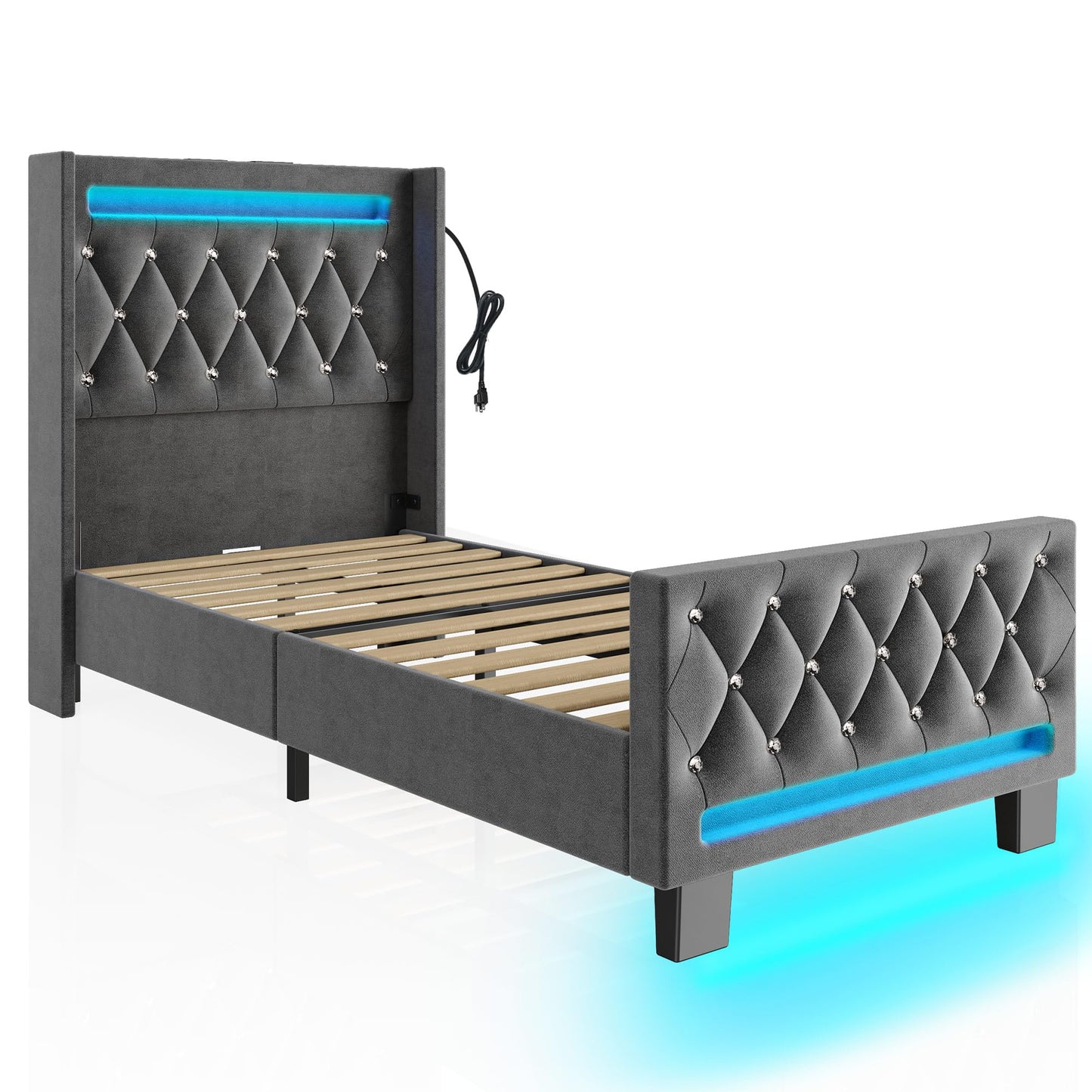 LED Light and Charging Station, Upholstered High Headboard and Footboard