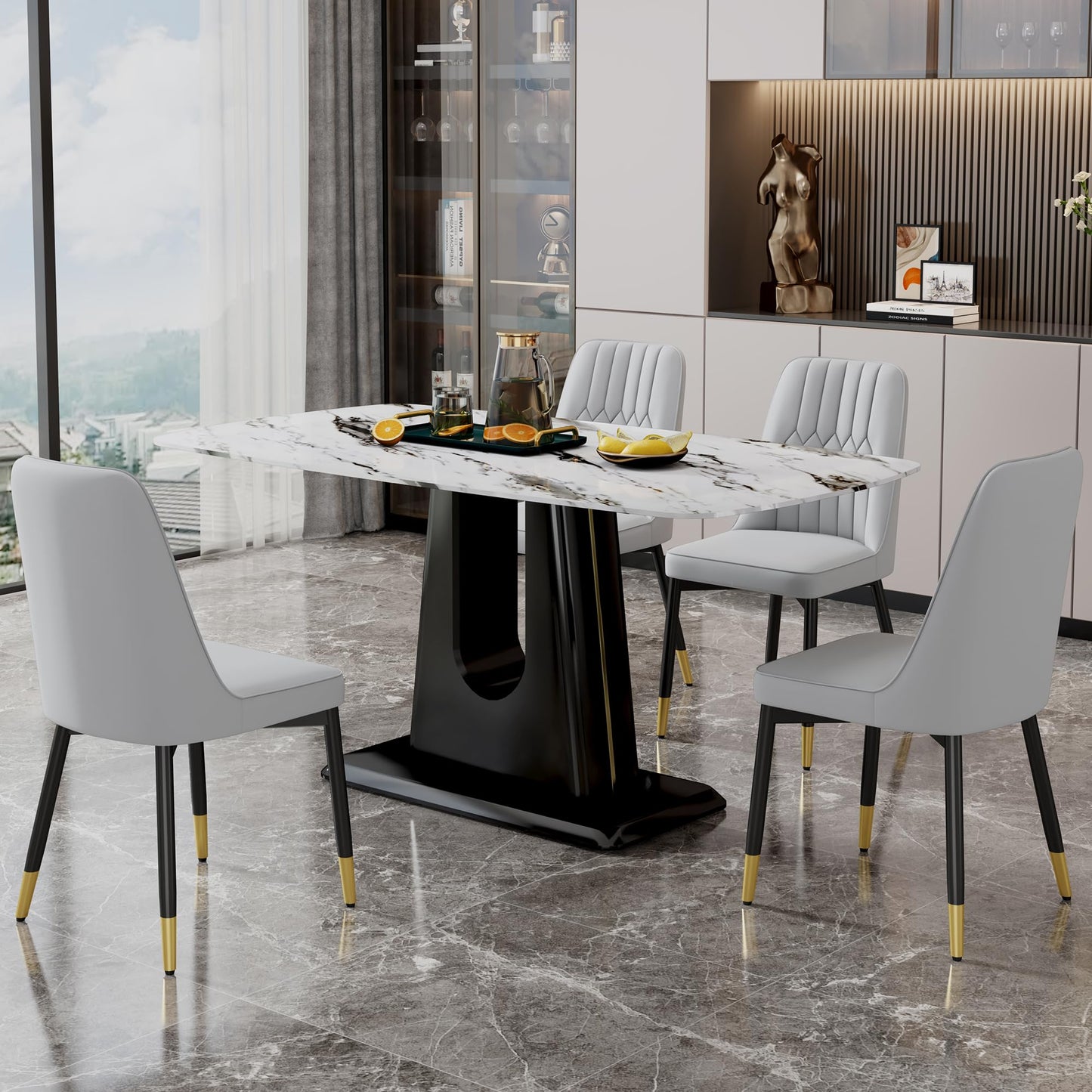 Dining Table Set for 6, White Faux Marble Pattern Table with 6 Modern Dining Chairs