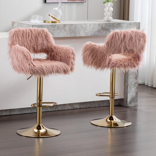 Pink Bar Stools Set of 2, Fuzzy Gold Counter Stools for Kitchen Island