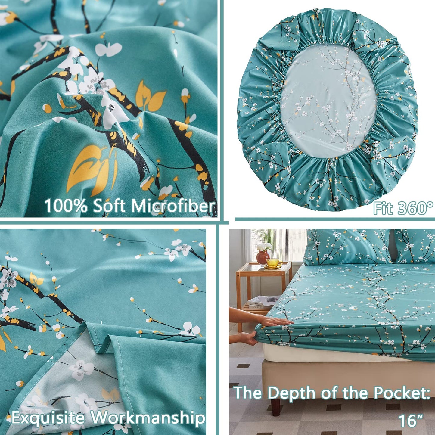 Teal Sheet Set 4 Pcs Queen Sheet Set Floral Print