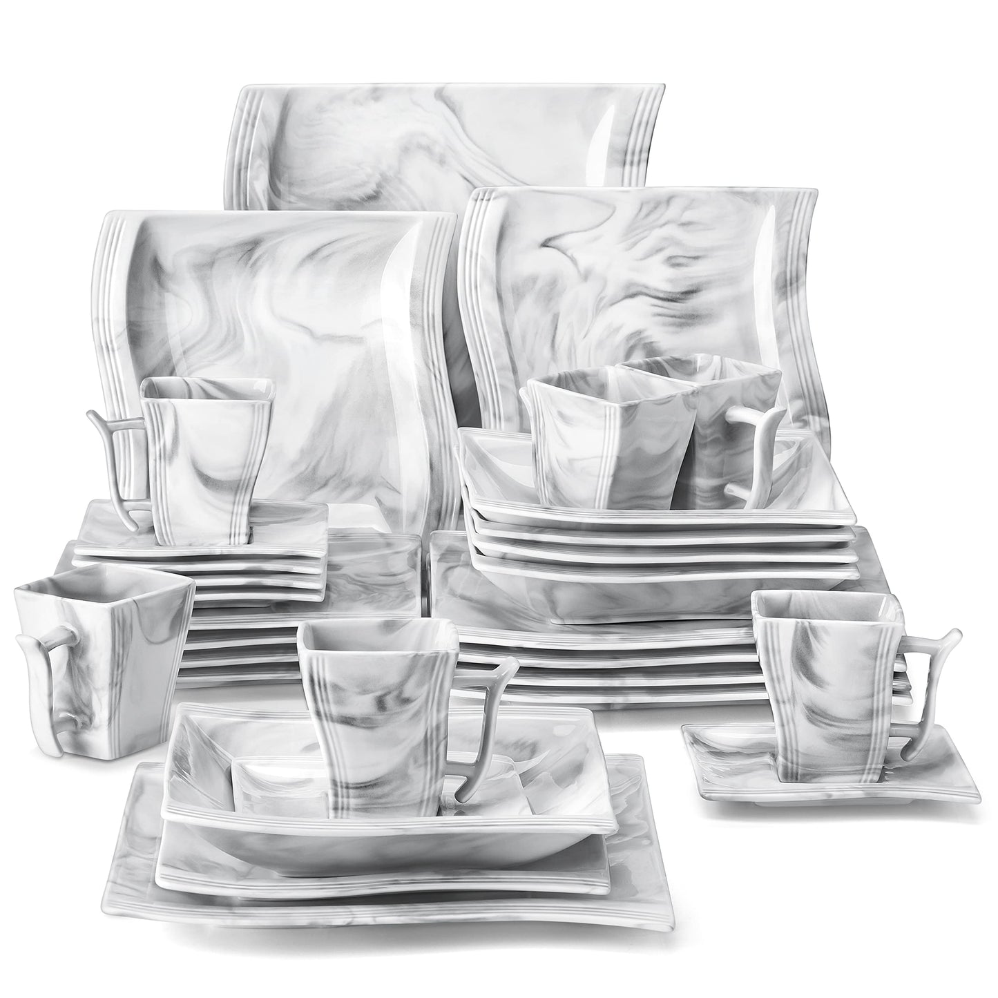 Dinnerware Sets, 12-Piece Porcelain Plates and Bowls Sets, Square Marble