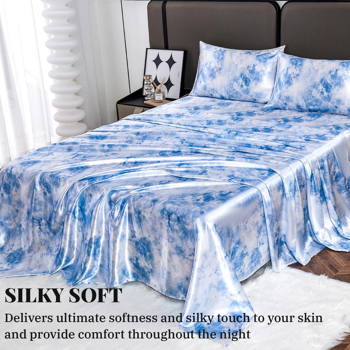 Floral Print - Luxurious Silky Feel Queen Sheet Set - Elegant Smooth Satin Bed Sheets