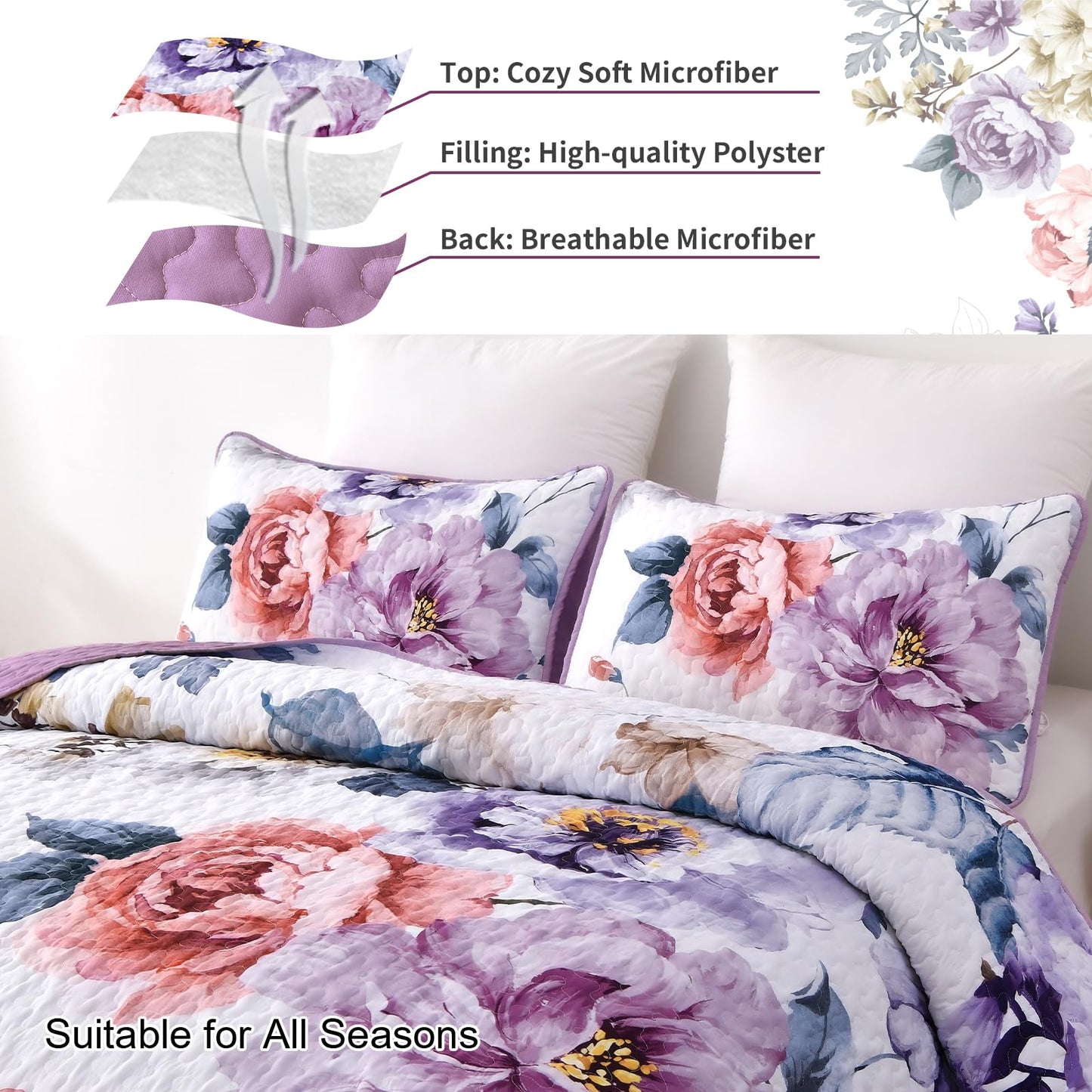 Purple Floral Quilt Set Queen Size, 3 Pieces Botanical Flower Printed