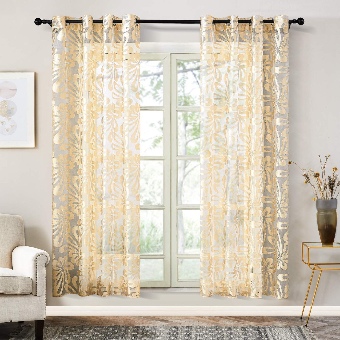 Floral Voile Sheer Curtains 84 Inches Long - Window Treatments 2 Panels