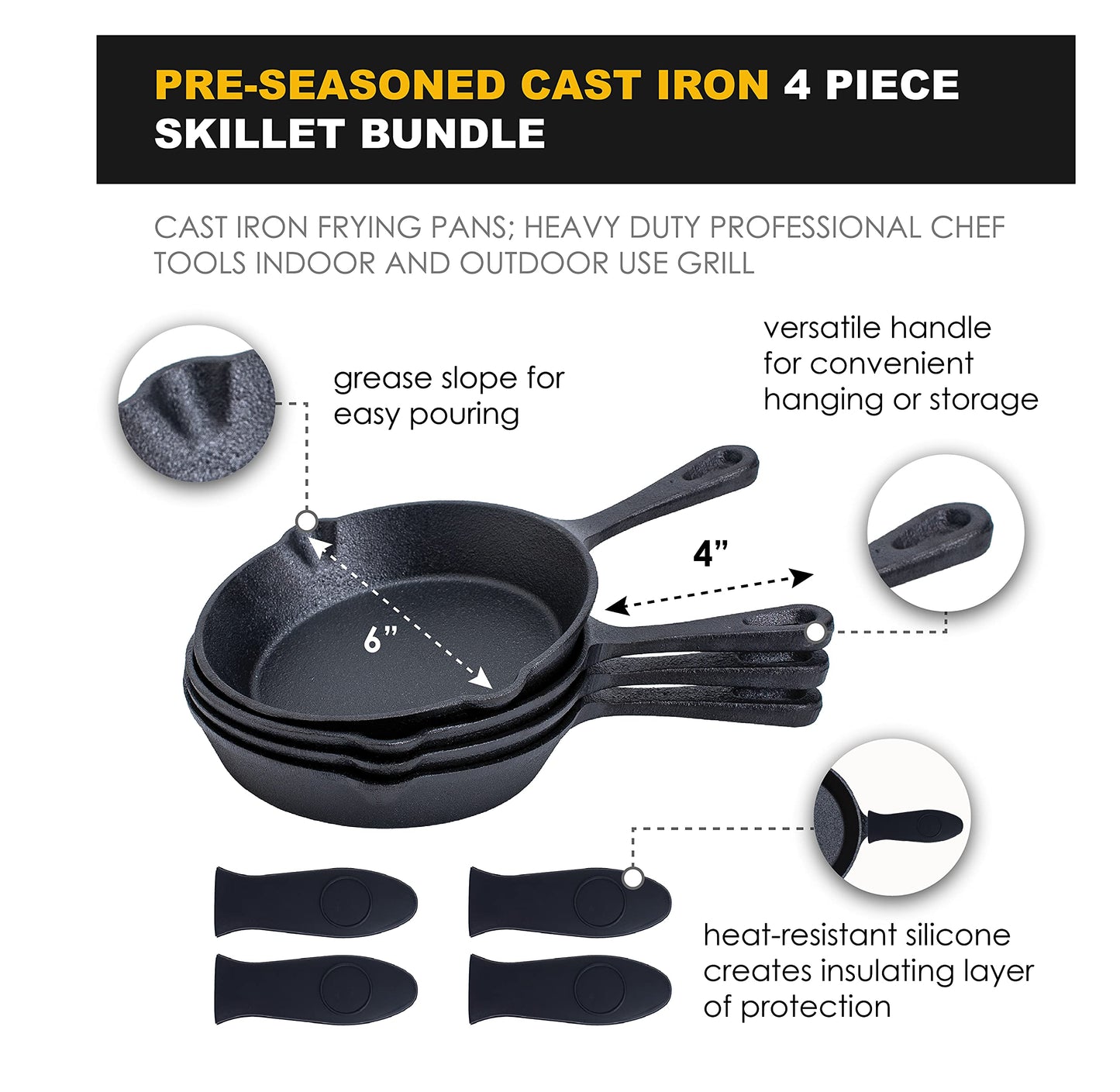 6" Black Pre-seasoned Cast Iron Frying Pan Set of 4, 6 Inch Oven Safe Cast Iron Skillet