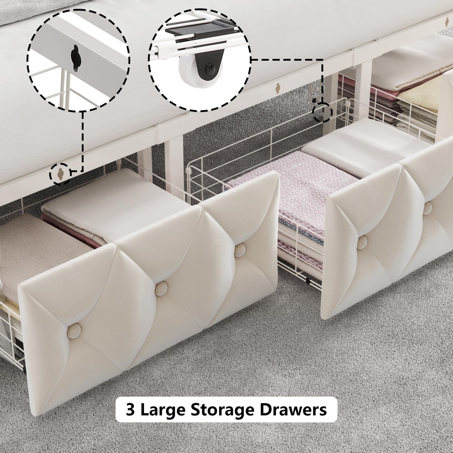 Upholstered Canopy Bed Frame with 2 Drawer and Button Tufted Headboard