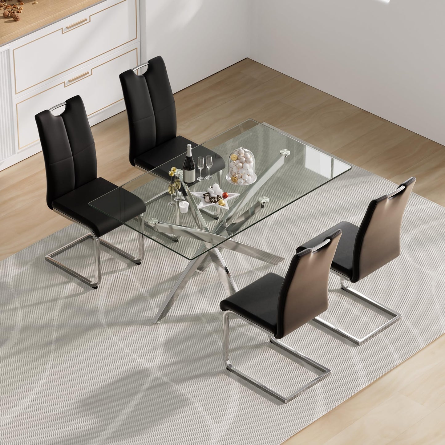 5 Piece Round Glass Dining Table Table Set, Round Glass with 4 PU Dining Chairs