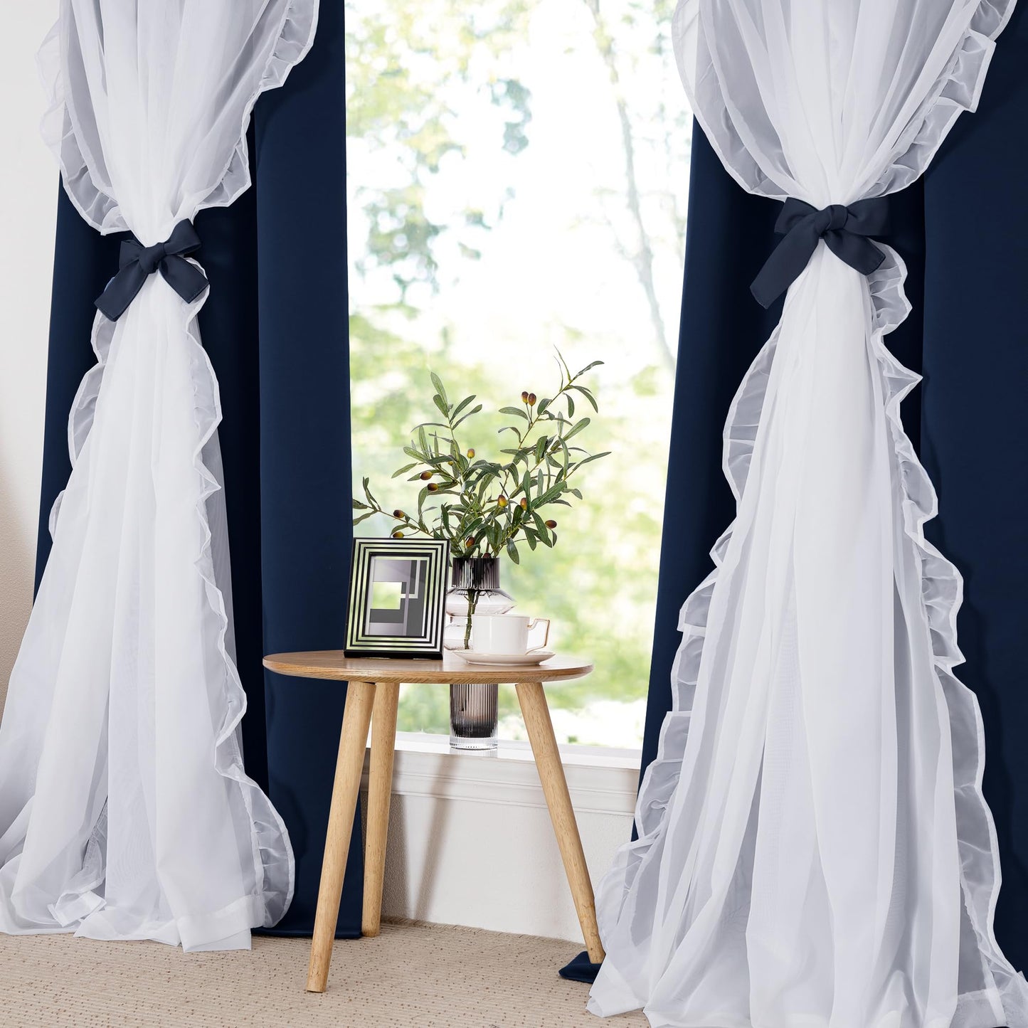 Blackout Window Treatment Double Layer Drapes Ruffle Sheer Overlay 2 Panels