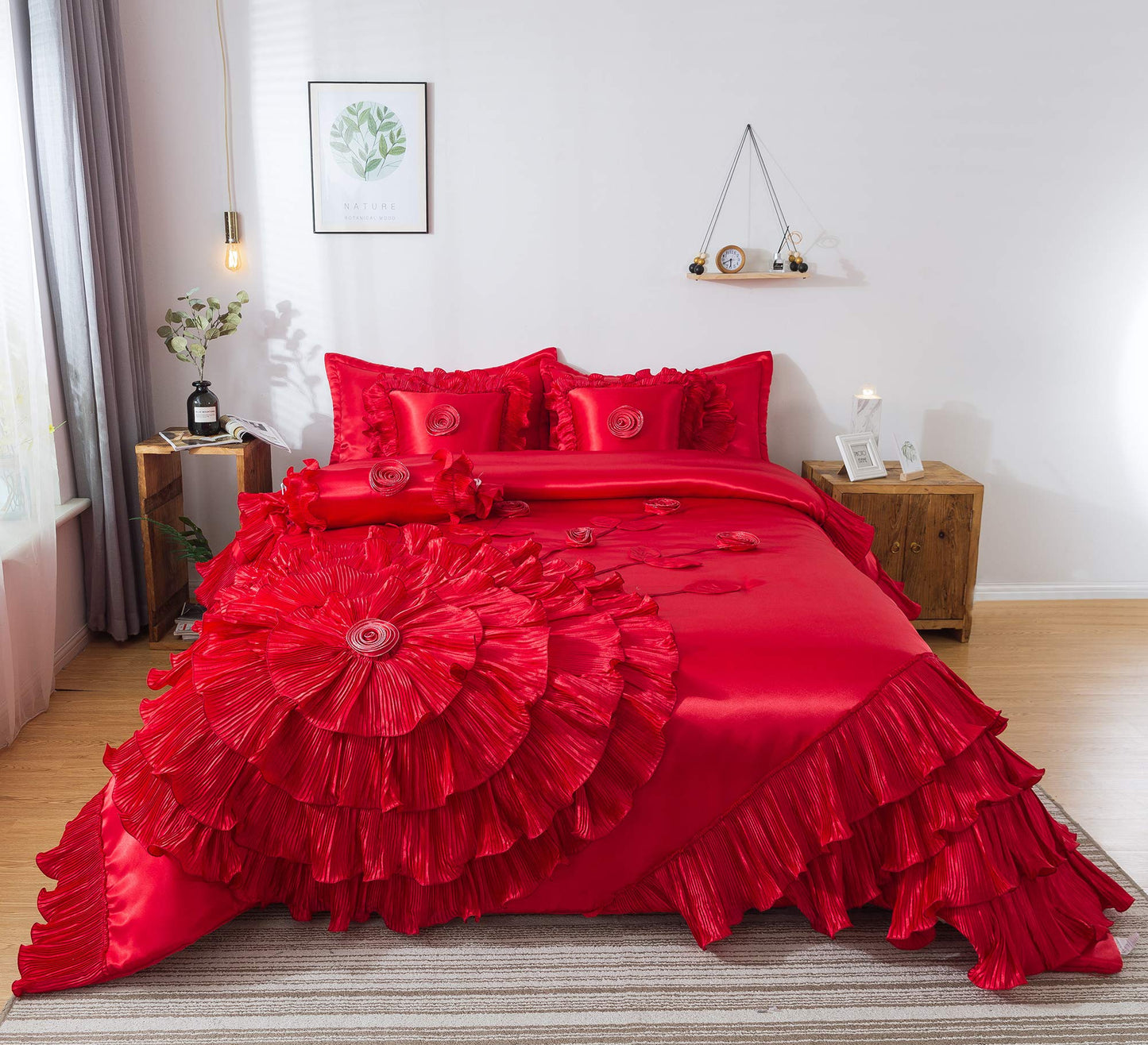 Solid Bright Red Satin Bedding Ruffle Comforter Queen Comforter Set Red