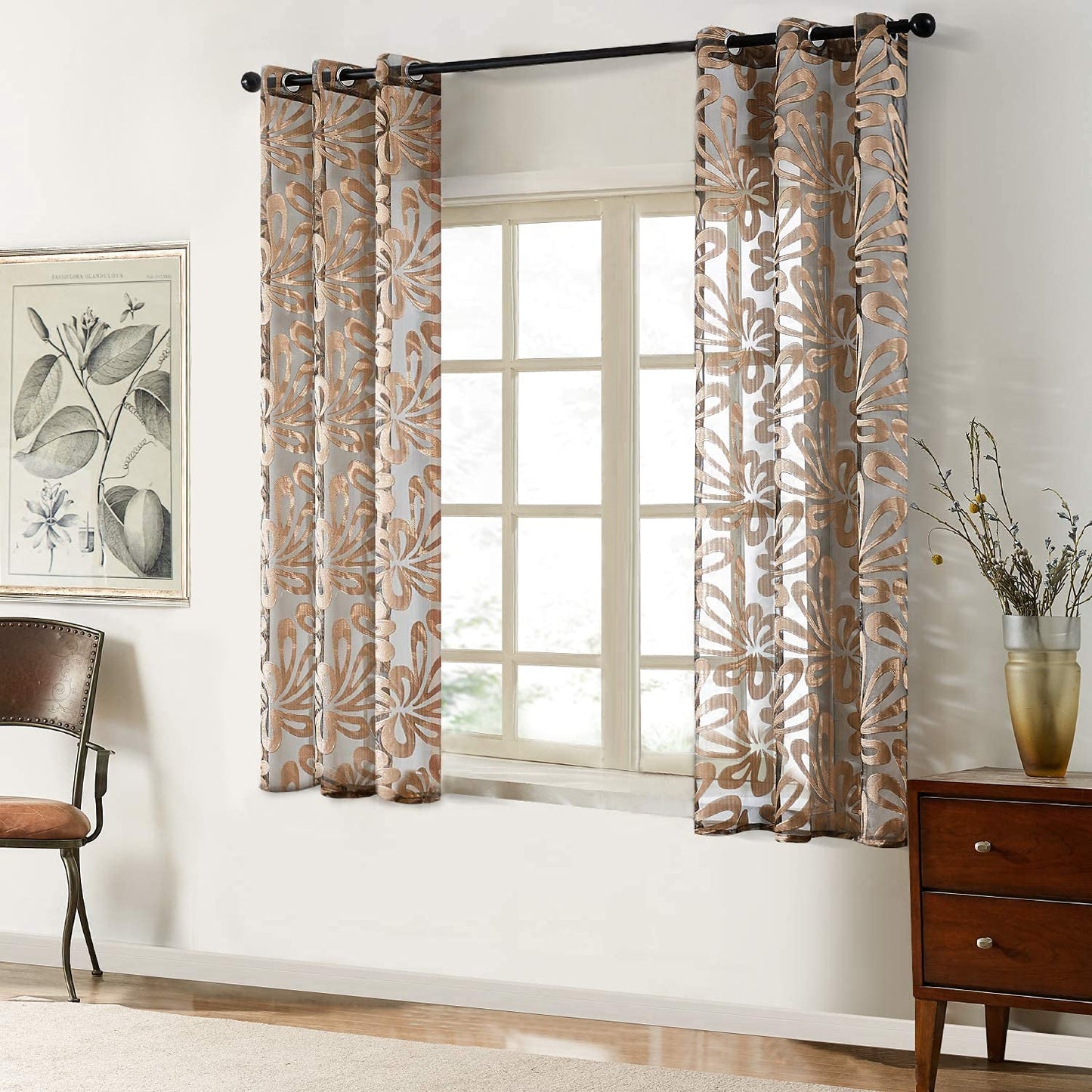 Floral Voile Sheer Curtains 84 Inches Long - Window Treatments 2 Panels