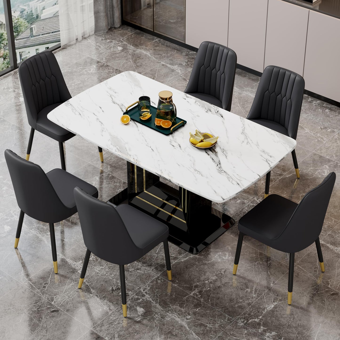 Dining Table Set for 6, White Faux Marble Pattern Table with 6 Modern Dining Chairs