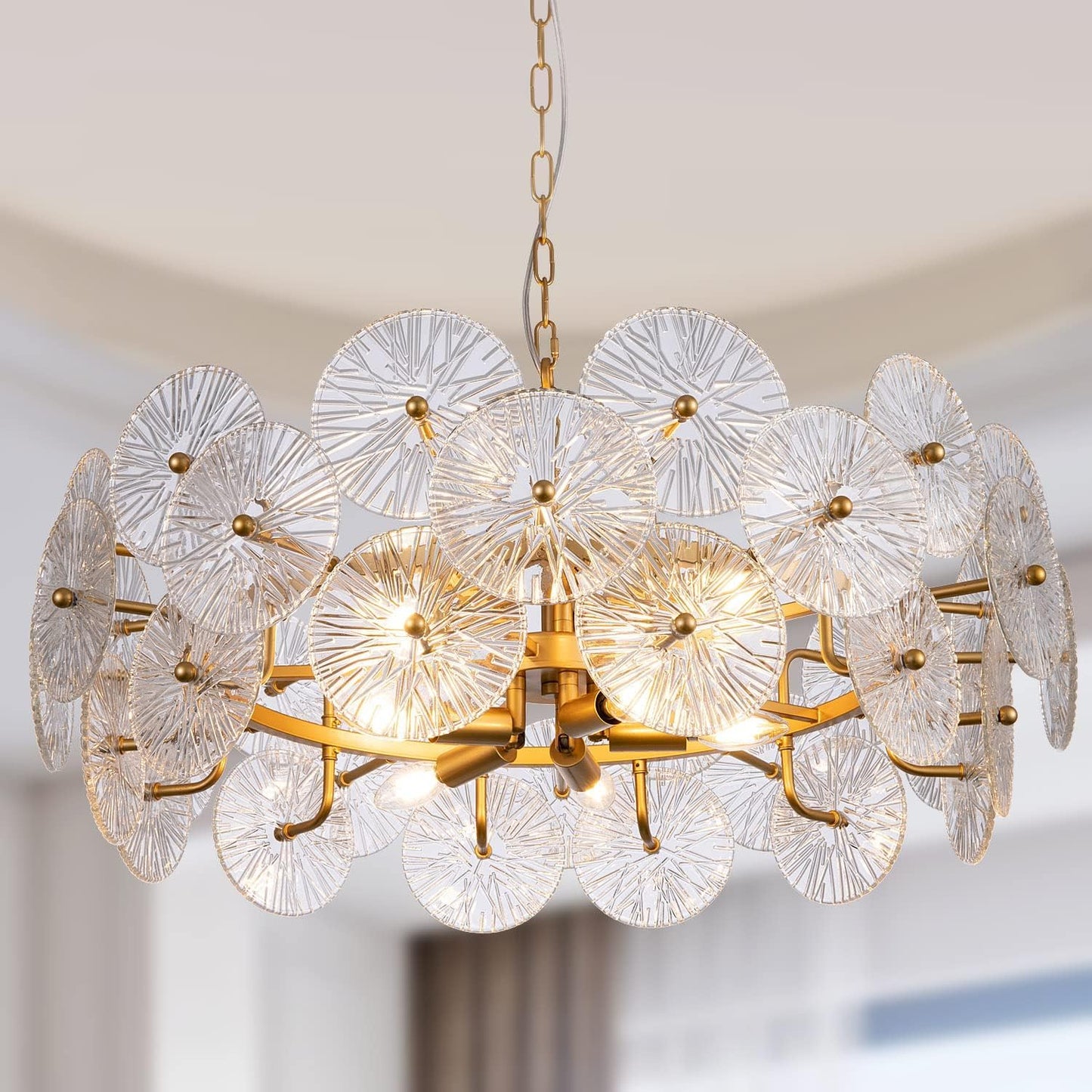 Modern Glass Chandelier 32.67", 3 Tiers Large Gold Ceiling Light Fixtures