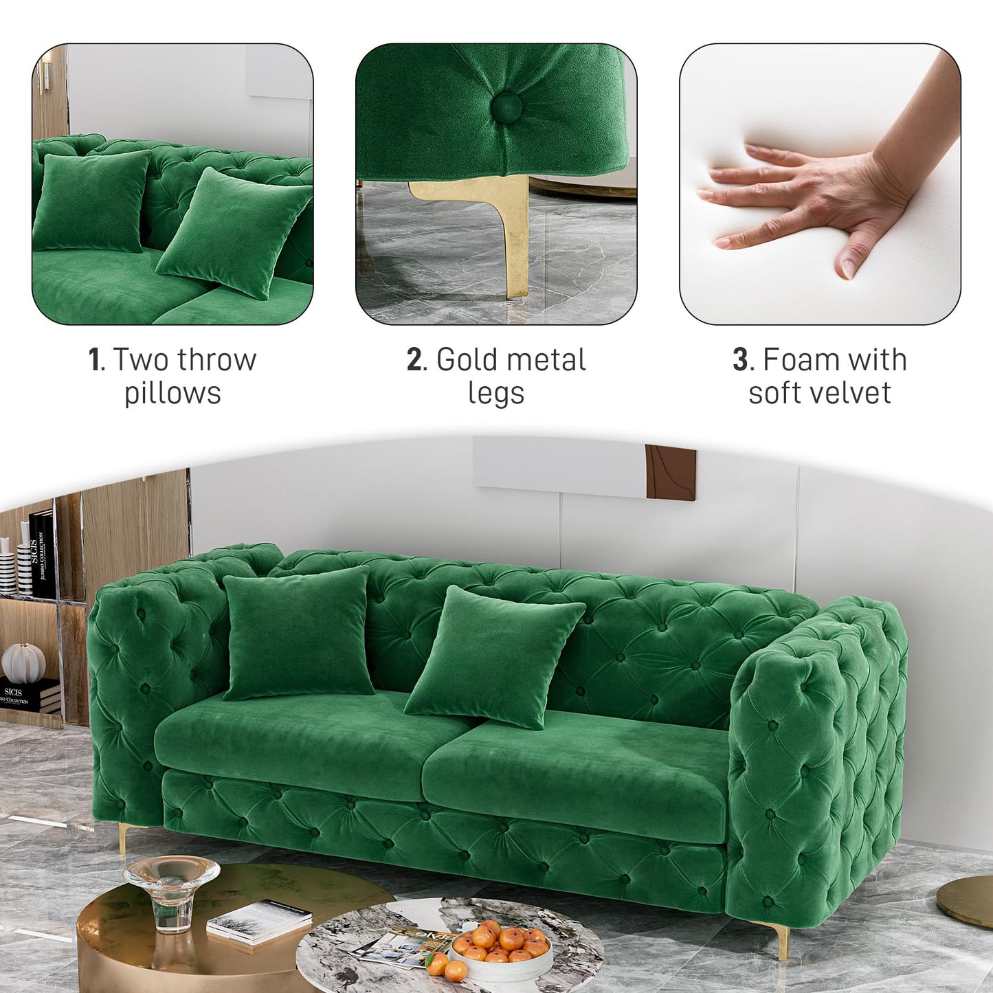 75 Inch Sofa Couch Modern Velour Upholstered Couch Tufted Casual Velvet Sofa