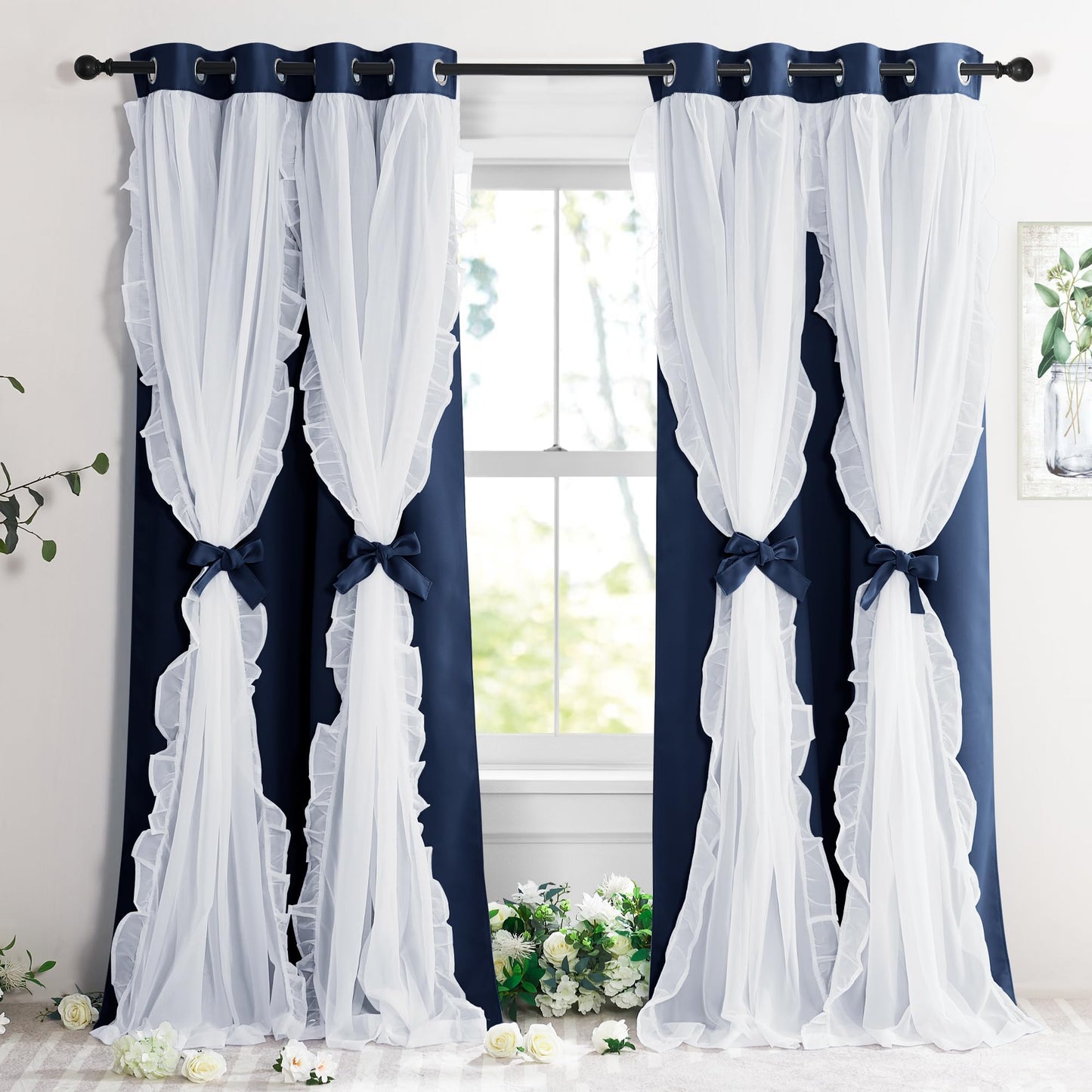 Blackout Window Treatment Double Layer Drapes Ruffle Sheer Overlay 2 Panels