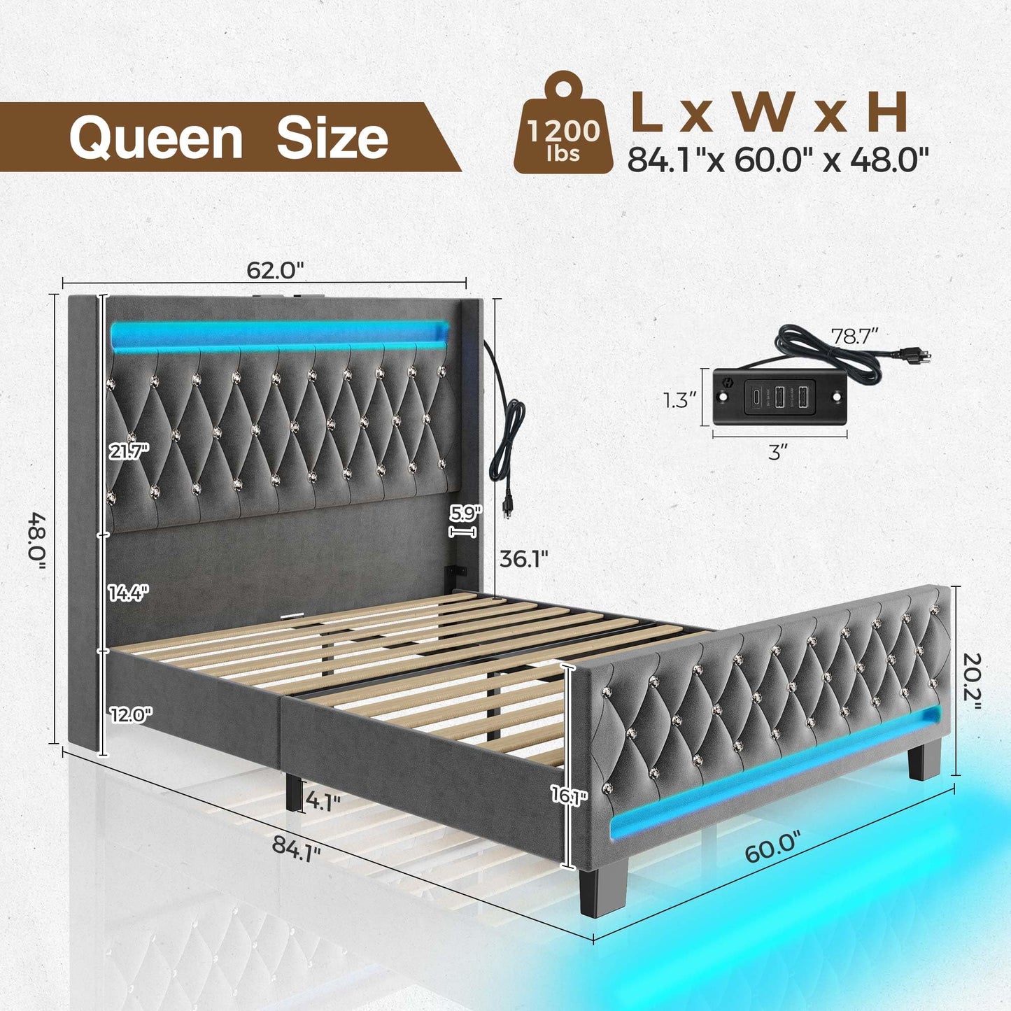 LED Light and Charging Station, Upholstered High Headboard and Footboard