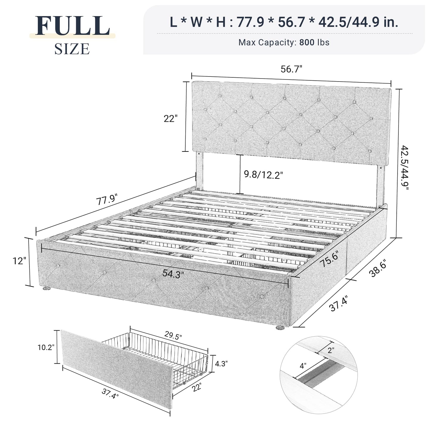 Upholstered Platform Bed Frame with 4 Storage Drawers and Headboard