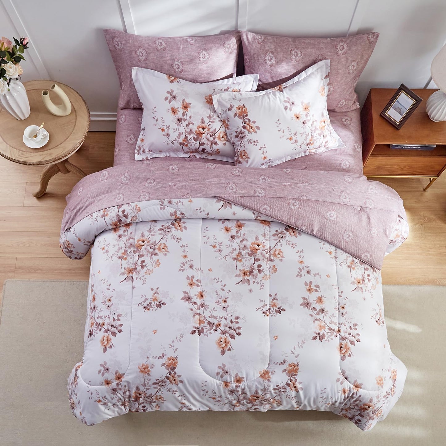 Purple Leaves Bed in a Bag 7 Pieces Floral White Comforter Sheet Set