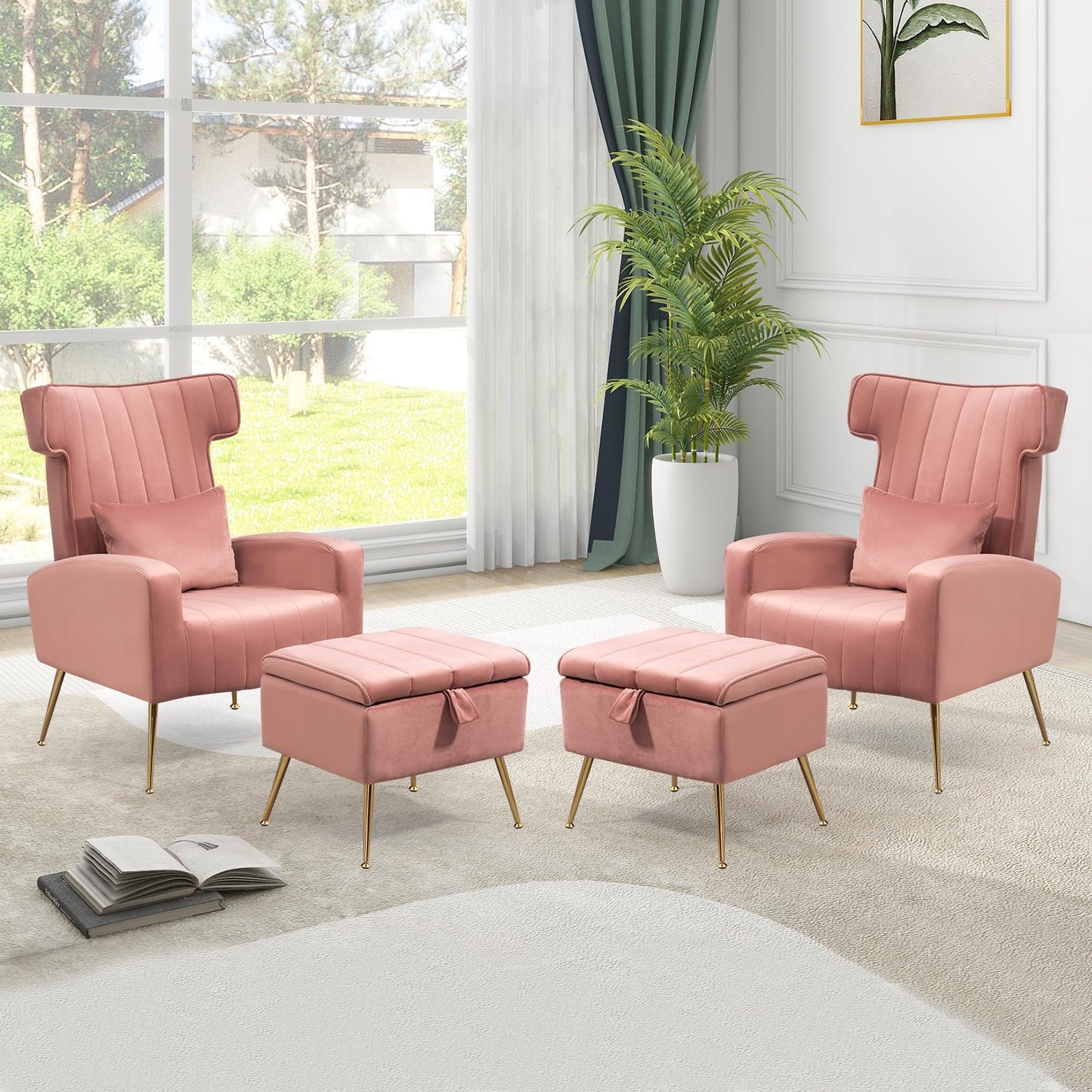 Velvet Accent Chairs Set of 2, Mid Century Modern Armchair with Ottoman