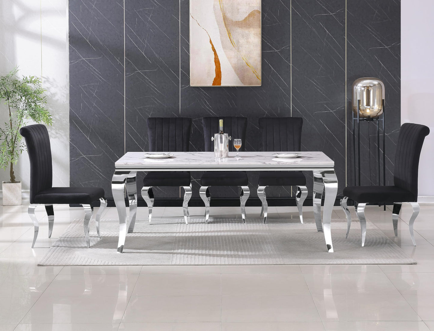 70 Inch White Marble Kitchen Table with Gold Mirrored Cabriole Legs