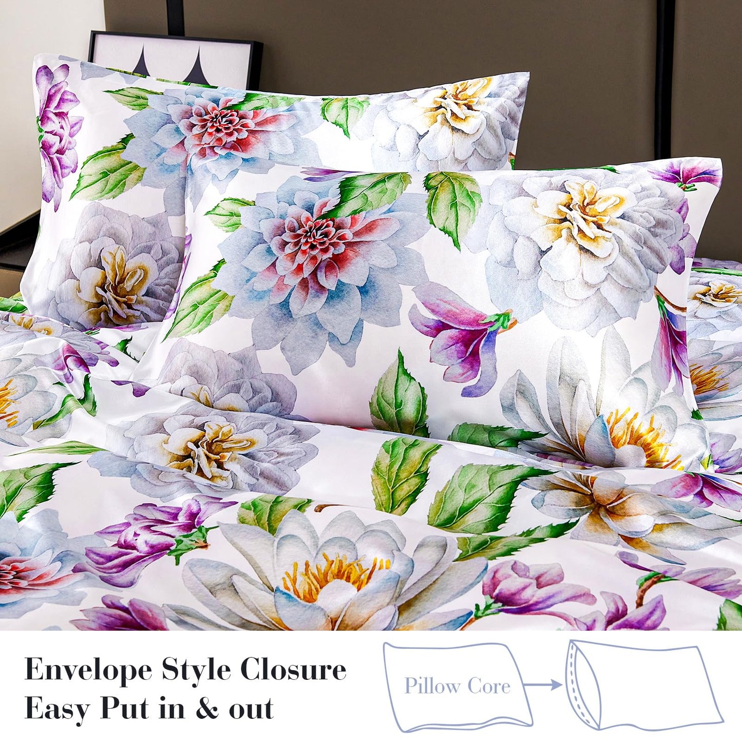 Floral Print - Luxurious Silky Feel Queen Sheet Set - Elegant Smooth Satin Bed Sheets