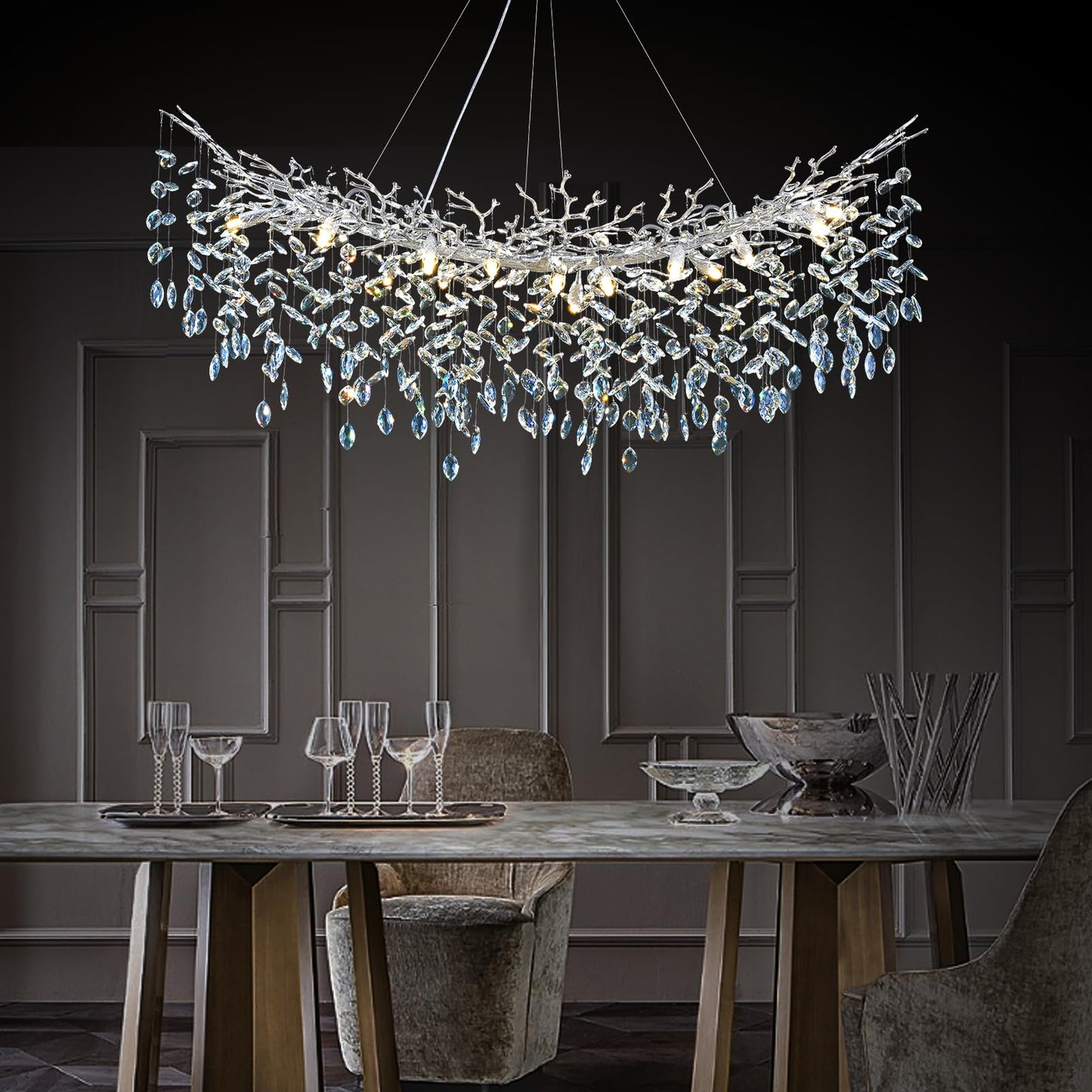 H134'' Modern Crystal Tree Branch Chandelier, Foyer High Ceiling Chandelier