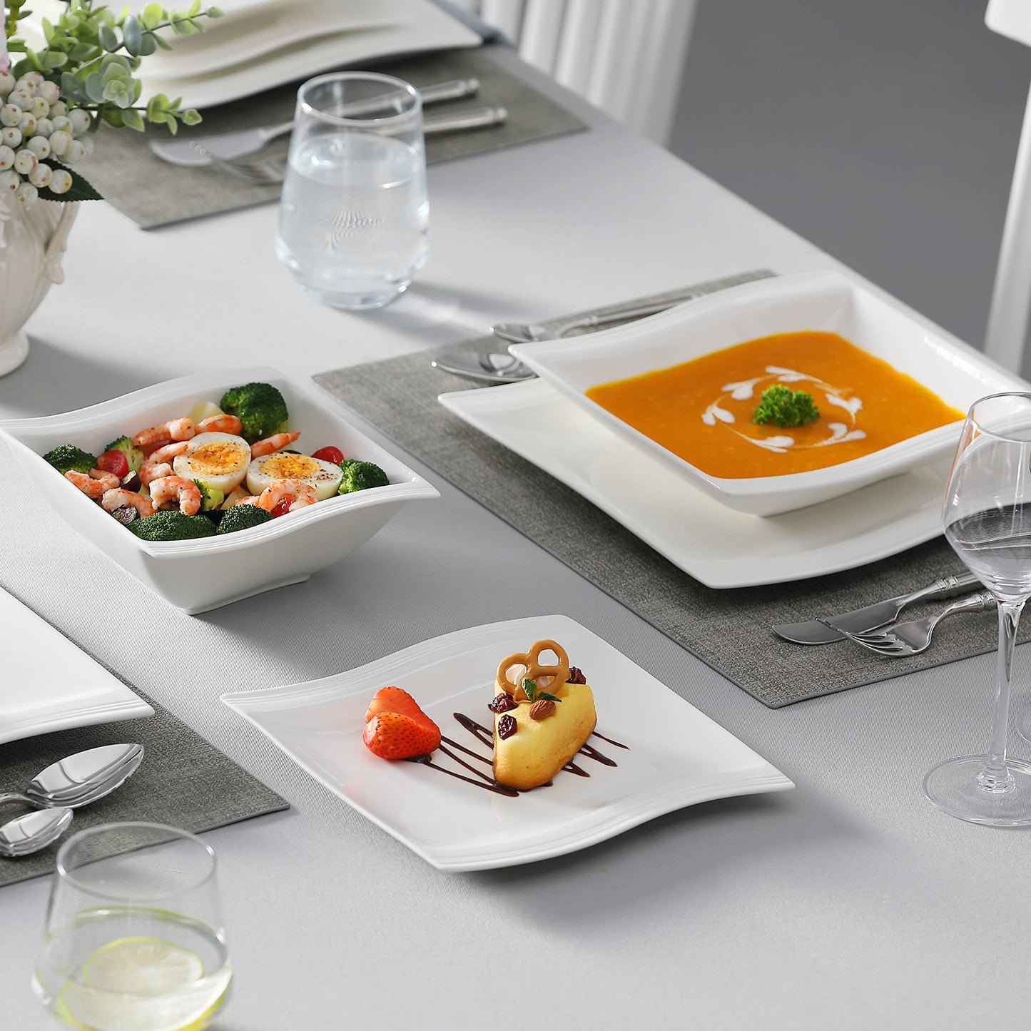 Dinnerware Sets, 12-Piece Porcelain Plates and Bowls Sets, Square Marble