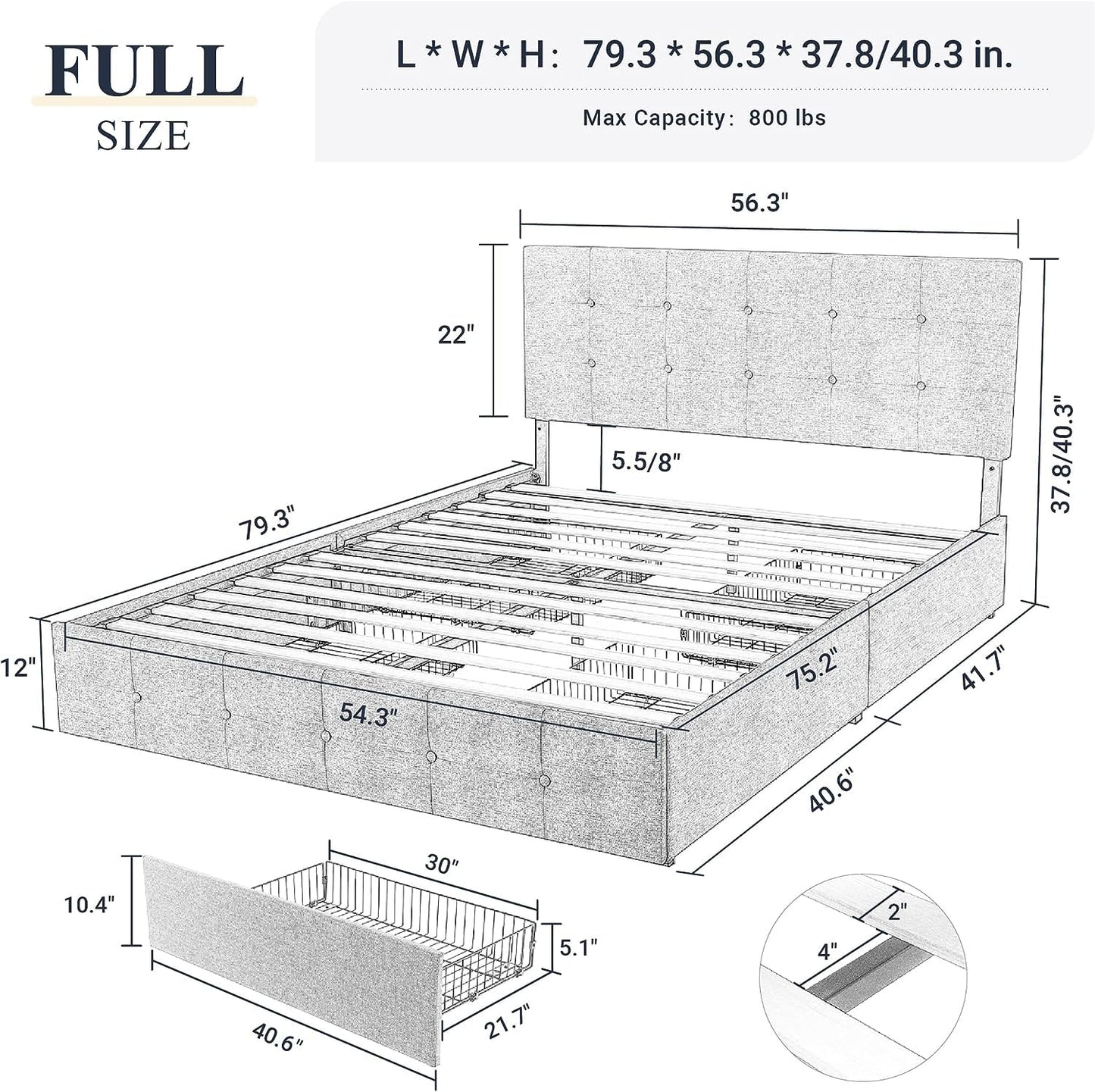 Upholstered Platform Bed Frame with 4 Storage Drawers and Headboard