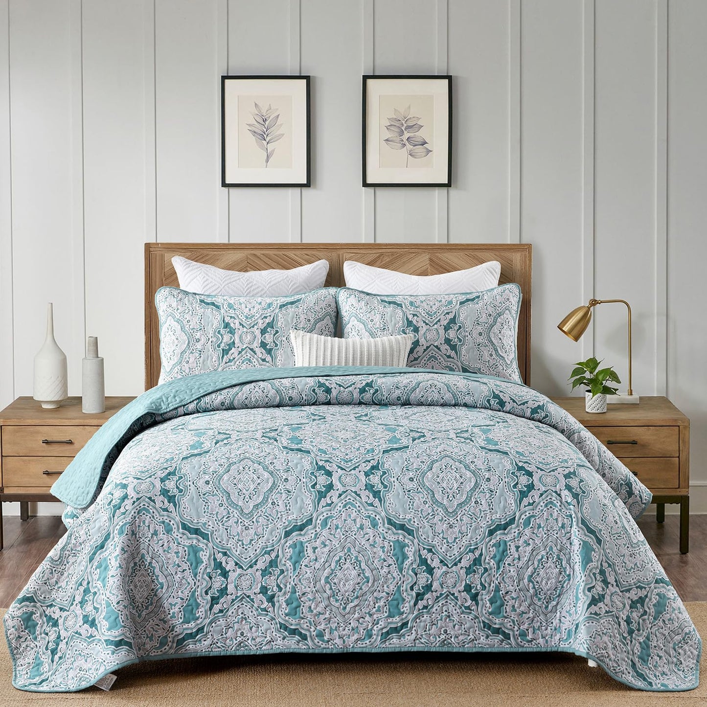 Blue Quilt Set Queen Size Boho Damask Bedspread Sets