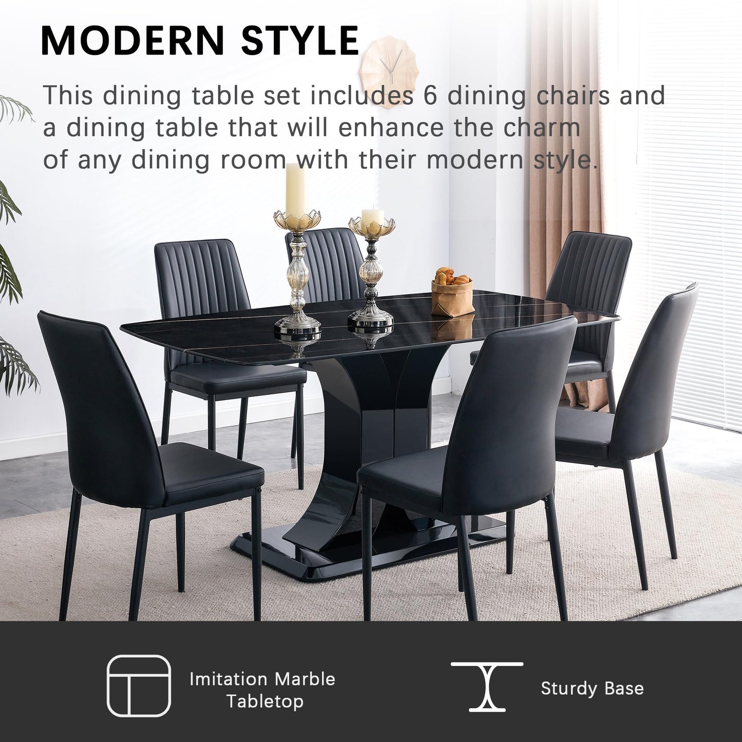 Dining Table Set for 6, White Faux Marble Pattern Table with 6 Modern Dining Chairs