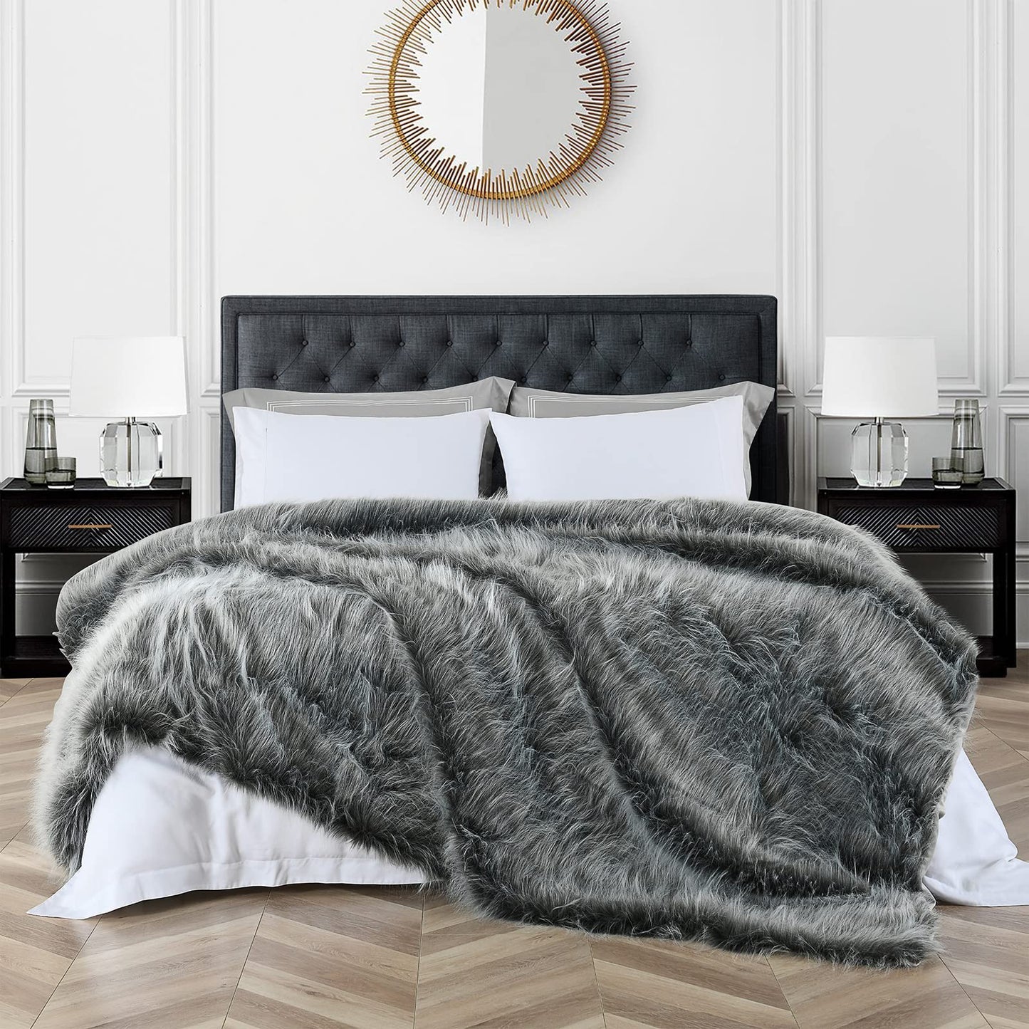 Luxury Plush Faux Fur Blanket King Size, Long Pile Brown with Black