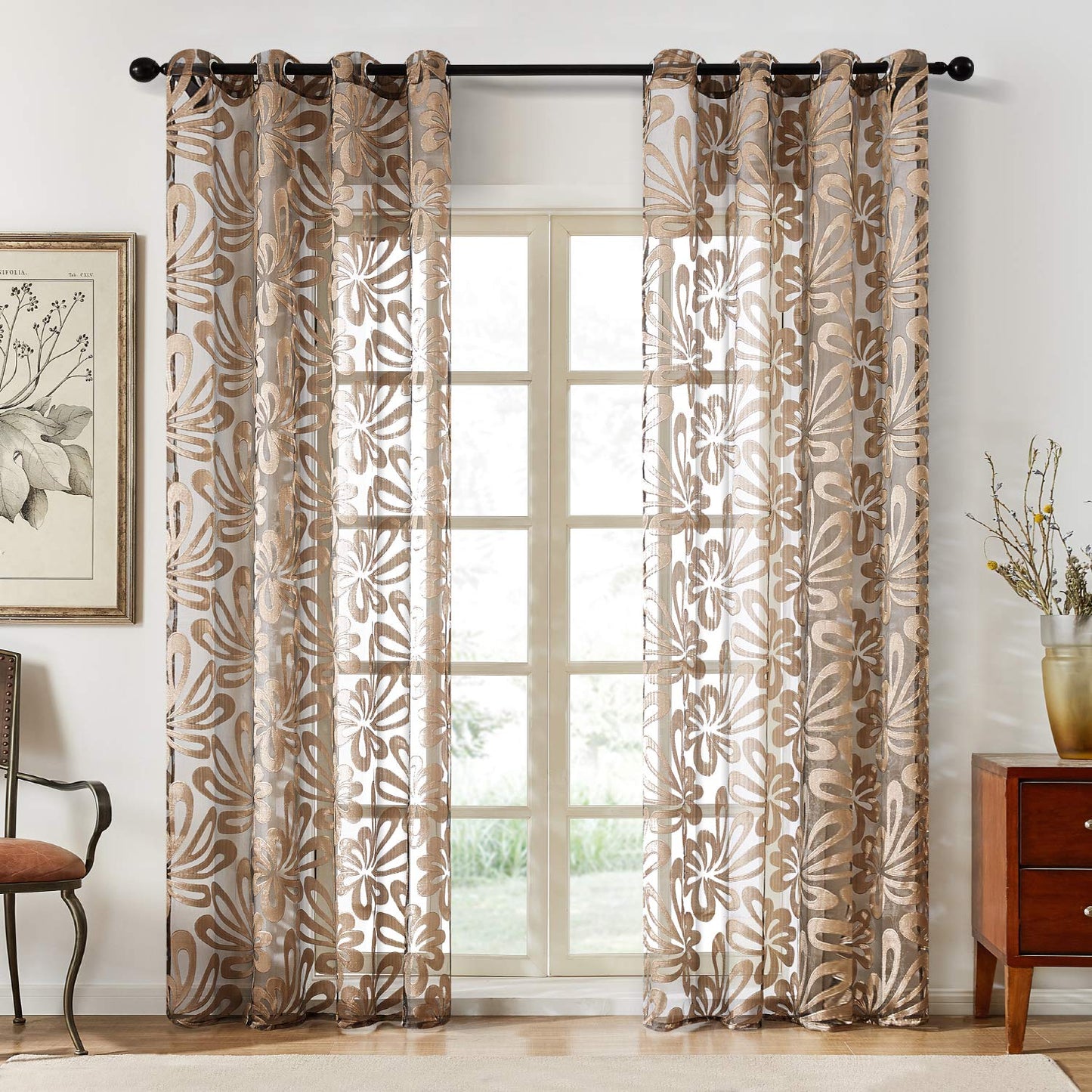 Floral Voile Sheer Curtains 84 Inches Long - Window Treatments 2 Panels