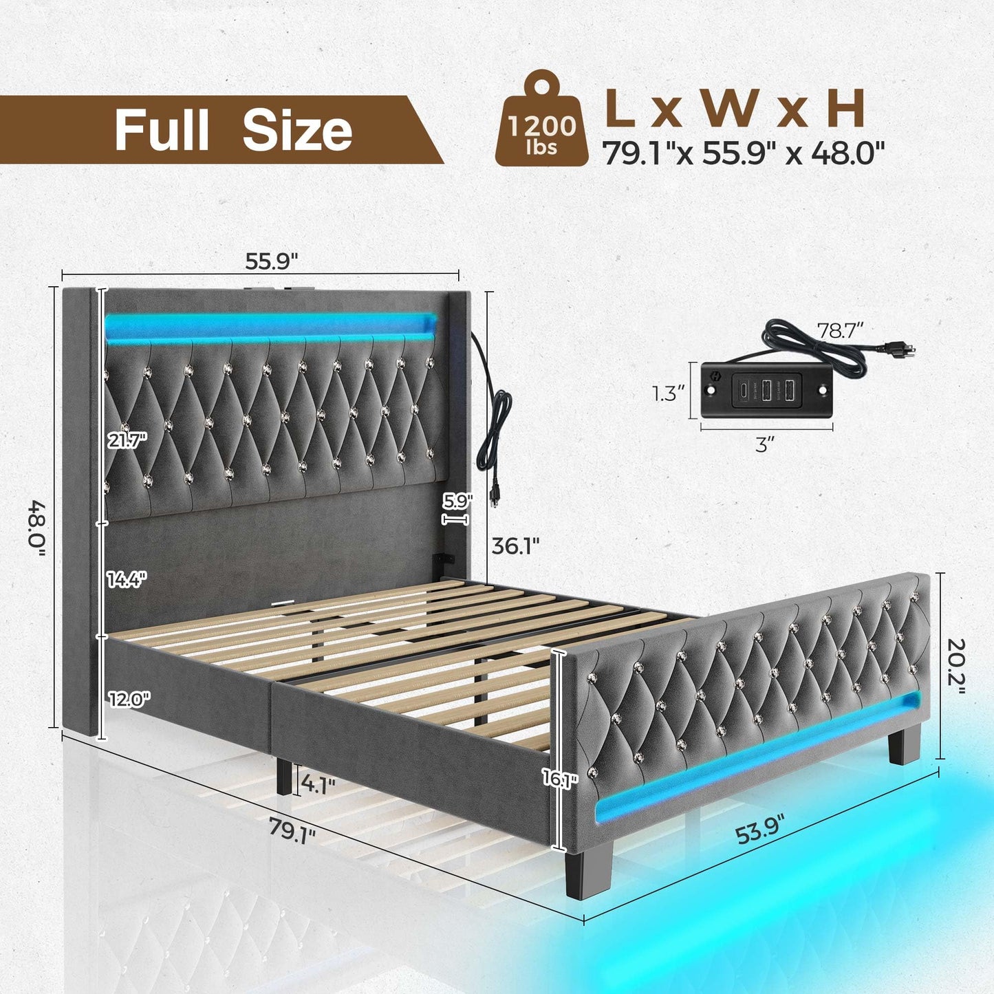 LED Light and Charging Station, Upholstered High Headboard and Footboard