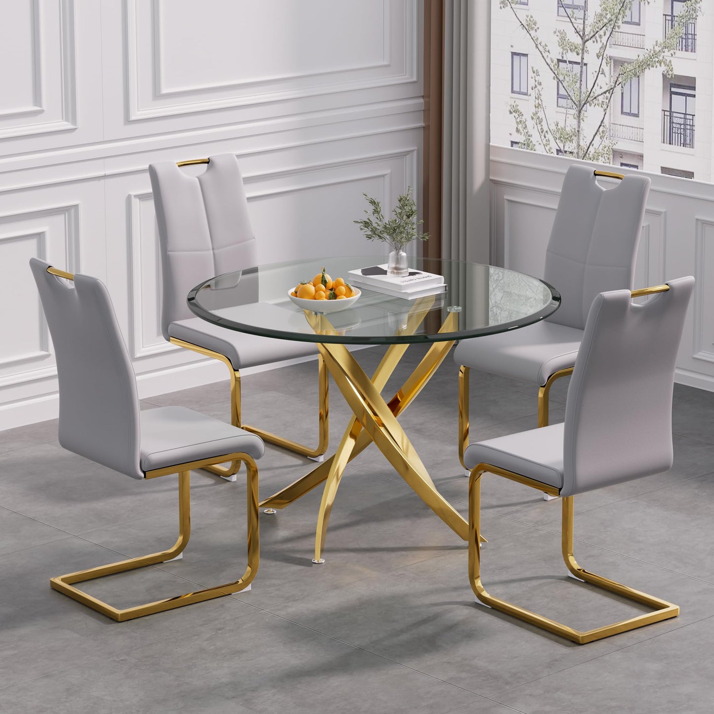 5 Piece Round Glass Dining Table Table Set, Round Glass with 4 PU Dining Chairs