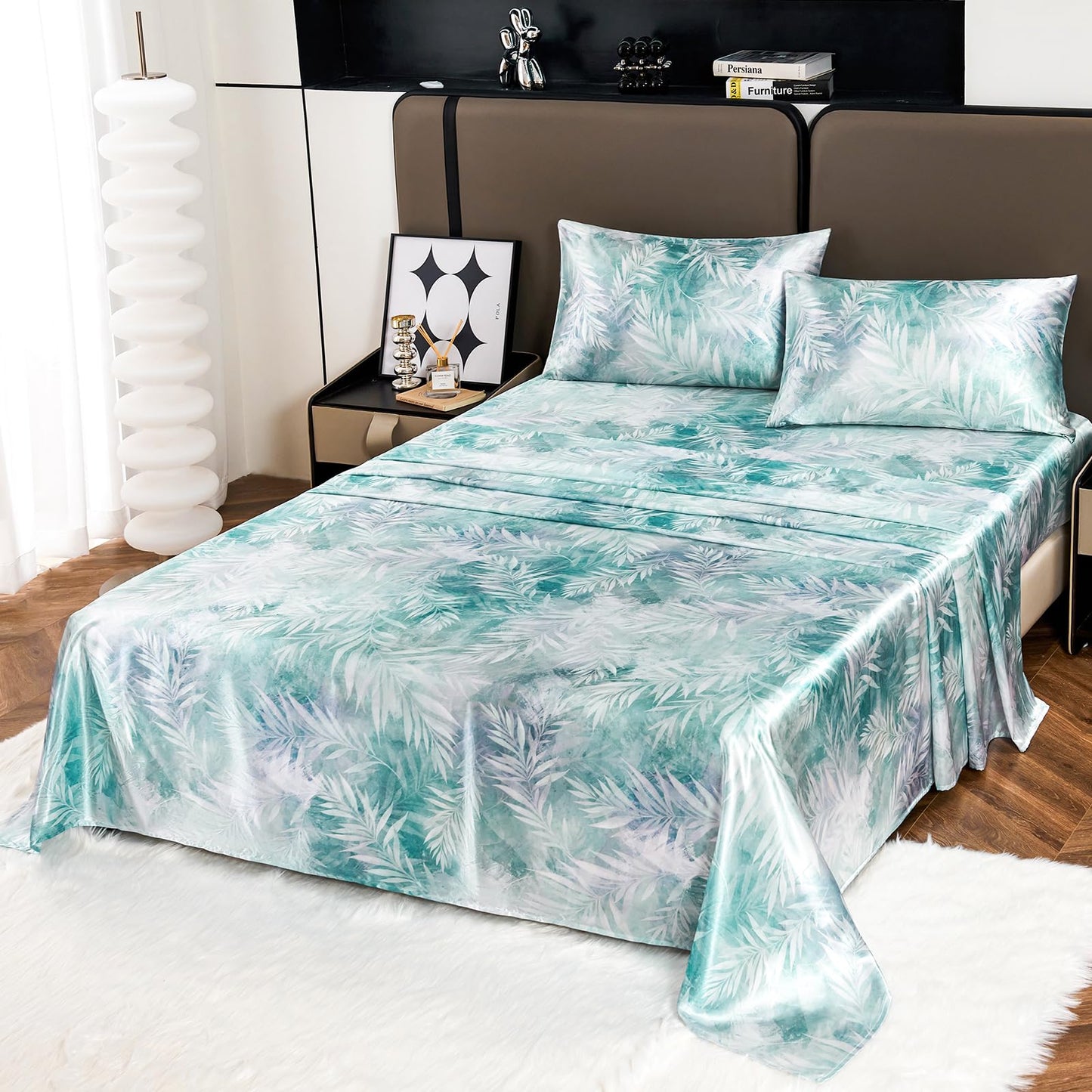 Floral Print - Luxurious Silky Feel Queen Sheet Set - Elegant Smooth Satin Bed Sheets