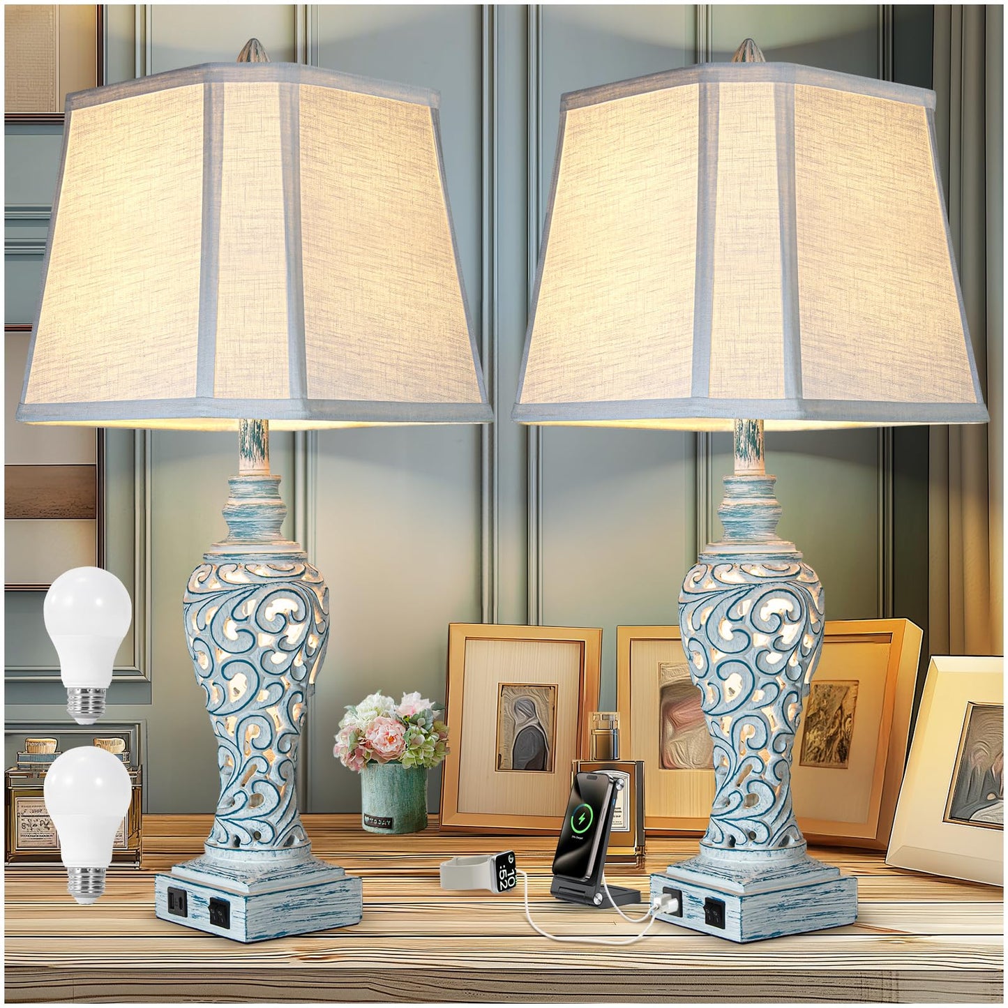 Table Lamps Set of 2 - Fabric Shades with USB and Nightlight