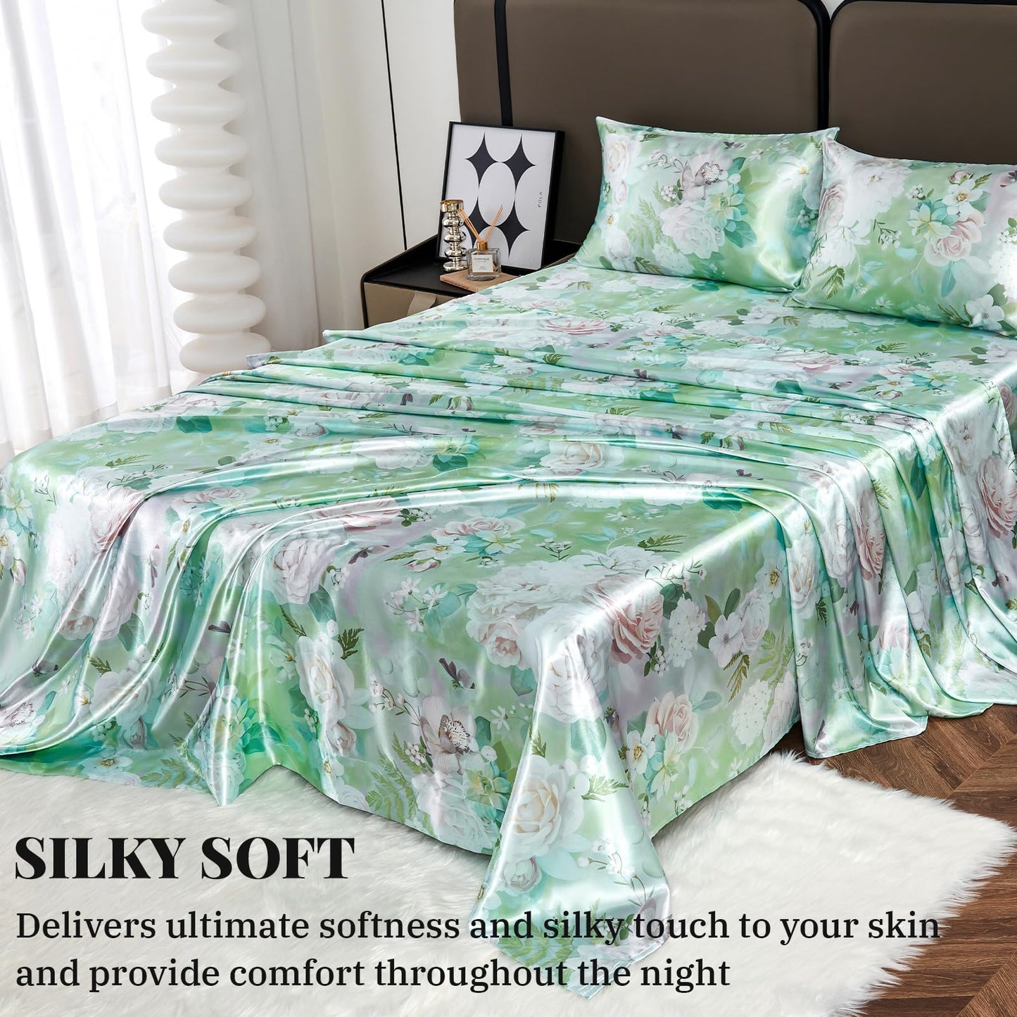 Floral Print - Luxurious Silky Feel Queen Sheet Set - Elegant Smooth Satin Bed Sheets