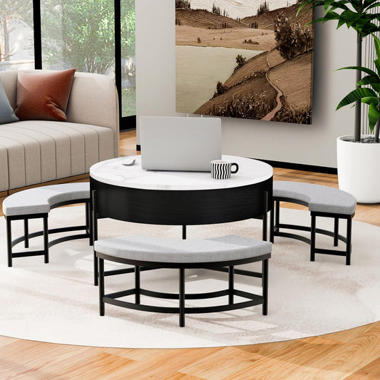 Lift-Top Coffee Table with Hidden Storage 3 Ottoman for Living Room