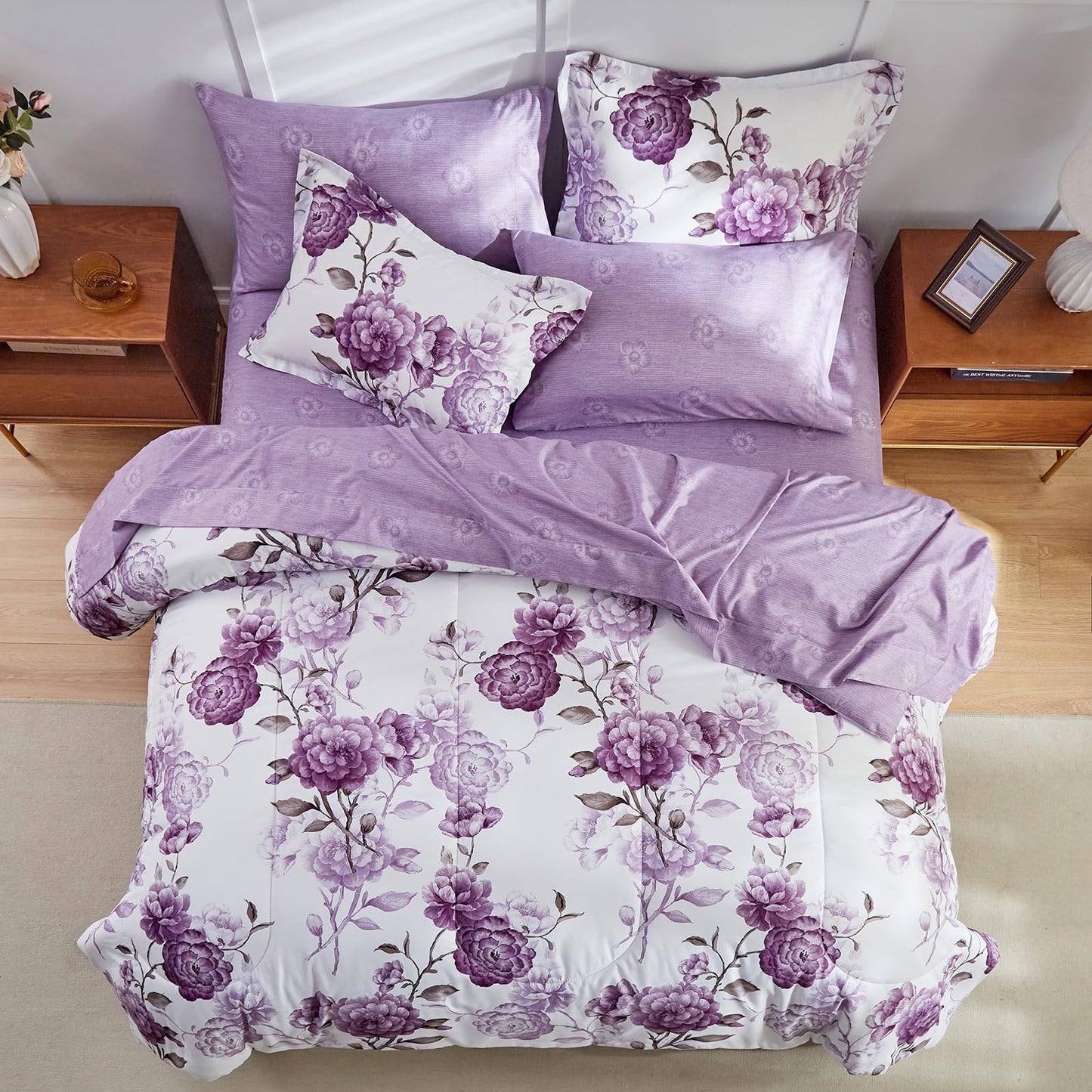 Purple Leaves Bed in a Bag 7 Pieces Floral White Comforter Sheet Set