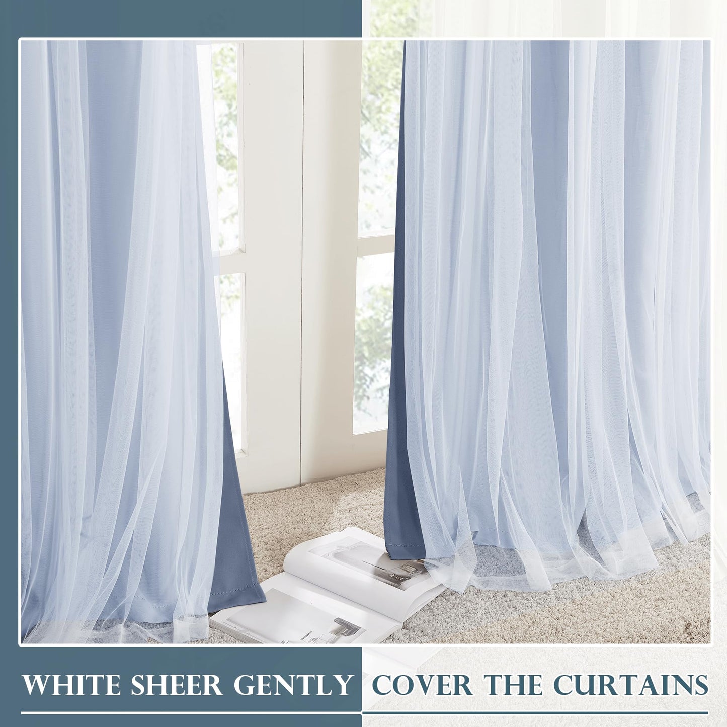 Double-Layered Curtains with Tie-Backs Sheer Drapes Light Blocking, 2 Pcs