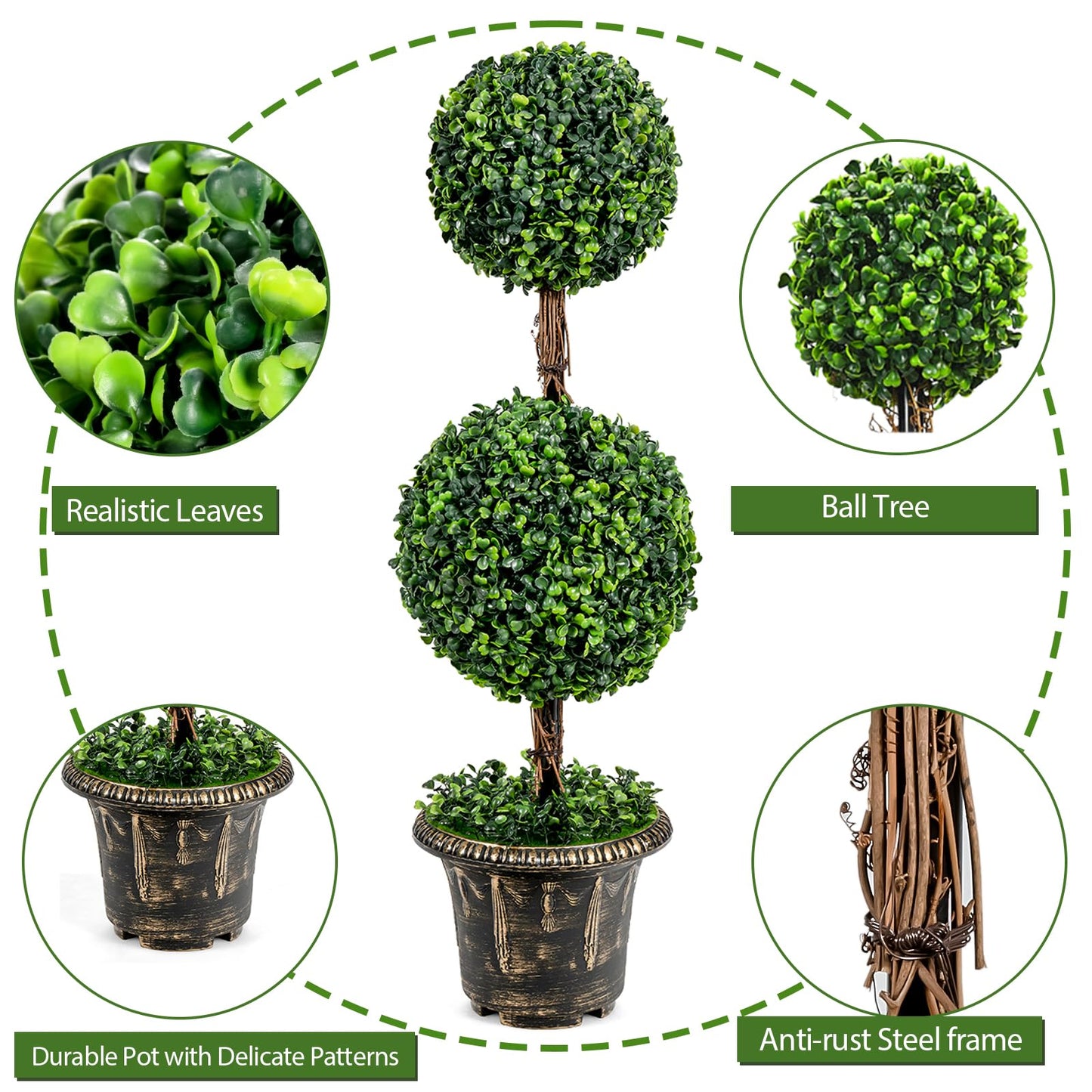 4ft 2 Pack Artificial Boxwood Topiary Tree, Fake Greenery Plants Ball Tree